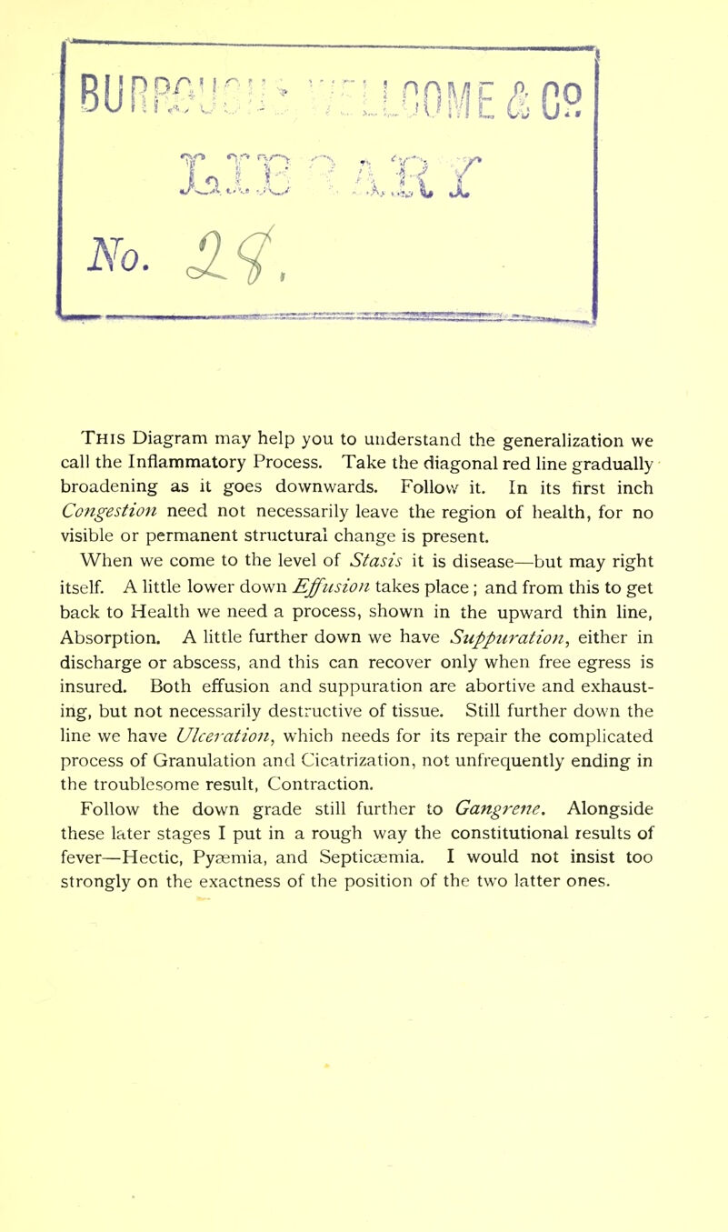 LLOOMEiSCo No. This Diagram may help you to understand the generalization we call the Inflammatory Process. Take the diagonal red line gradually broadening as it goes downwards. Follow it. In its tirst inch Congestion need not necessarily leave the region of health, for no visible or permanent structural change is present. When we come to the level of Stasis it is disease—but may right itself. A little lower down Effusion takes place ; and from this to get back to Health we need a process, shown in the upward thin line, Absorption. A little further down we have Suppuration, either in discharge or abscess, and this can recover only when free egress is insured. Both effusion and suppuration are abortive and exhaust- ing, but not necessarily destructive of tissue. Still further down the line we have Ulceration, which needs for its repair the complicated process of Granulation and Cicatrization, not unfrequently ending in the troublesome result. Contraction. Follow the down grade still further to Gangrene. Alongside these later stages I put in a rough way the constitutional results of fever—Hectic, Pyaemia, and Septicaemia. I would not insist too strongly on the exactness of the position of the two latter ones.