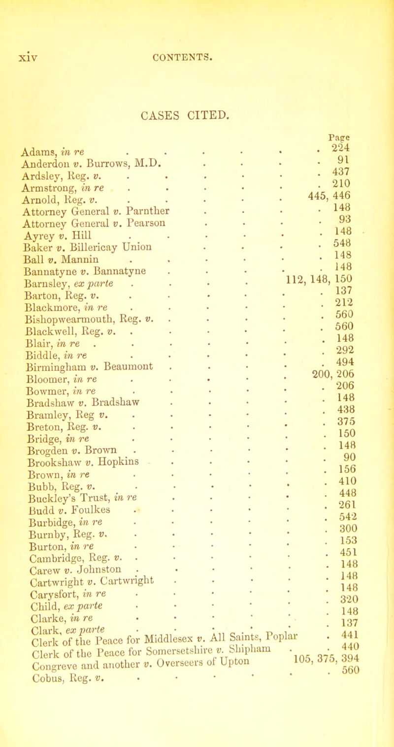 CASES CITED. Adams, in re Anderdou v. Burrows, M.D. Ardsley, Reg. v. Armstrong, in re Arnold, Keg. v. Attoi-ney General v. Parntlier Attorney General v. Pearson Ayrey v. Hill Baker v. Billericay Union Ball V. Mannin Baunatyne v. Bannatyne Barnsley, ex parte Barton, Reg. v. Blackmore, in re Bishopwearmouth, Reg. v. Blackwell, Reg. v. Blair, in re Biddle, in re Birmingham v. Beaumont Bloomer, in re Bowmer, in re Bradshaw v. Bradshaw Bramley, Reg v. Breton, Reg. v. Bridge, in re Brogden v. Brown Brooksliaw v. Hopkins Brown, in re Bubb, Reg. v. Buckley's Trust, in re Budd V. Foulkes Burbidge, in re Burnby, Reg. v. Burton, in re Cambridge, Reg. v. . Carew v. Johnston Cartwright v. Cartwright Carysfort, in re Child, ex parte Clarke, in re Clark, ex parte Clerk of the Peace for Middlesex i> Clerk of the Peace for Somer setsliir Cougreve and another v. Cobus, Reg. All Saints, Popli e V. Shipham Overseers of Upton . 224 . 91 . 437 . 210 445, 446 . 148 . 93 . 148 . 548 . 148 . 148 12, 148, 150 . 137 . 212 . 560 . 660 . 148 . 292 . 494 200, 206 . 206 . 148 . 438 . 375 . 150 . 148 . 90 . 156 . 410 . 448 . 261 . 542 . 300 . 153 . 451 . 148 . 148 . 148 . 320 . 148 . 137 . 441 . 440 105, 375, 394 . 560 ar