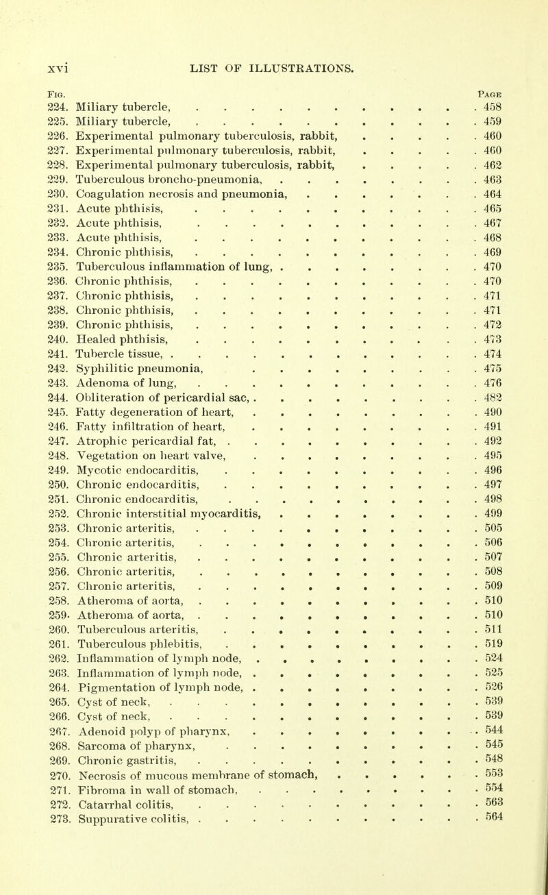 Fig. Page 224. Miliary tubercle, 458 225. Miliary tubercle, 459 226. Experimental pulmonary tuberculosis, rabbit, 460 227. Experimental pulmonary tuberculosis, rabbit, 460 228. Experimental pulmonary tuberculosis, rabbit, 462 229. Tuberculous broncho-pneumonia 463 230. Coagulation necrosis and pneumonia, 464 231. Acute phthisis, 465 232. Acute phthisis, 467 233. Acute phthisis, 468 234. Chronic phthisis, . .469 235. Tuberculous inflammation of lung, 470 236. Chronic phthisis, 470 237. Chronic phthisis, 471 238. Chronic phthisis 471 239. Chronic phthisis, . .472 240. Healed phthisis, 473 241. Tubercle tissue, 474 242. Syphilitic pneumonia, 475 243. Adenoma of lung, 476 244. Obliteration of pericardial sac, 482 245. Fatty degeneration of heart, 490 246. Fatty infiltration of heart, 491 247. Atrophic pericardial fat, 492 248. Vegetation on heart valve, 495 249. Mycotic endocarditis, 496 250. Chronic endocarditis, 497 251. Chronic endocarditis, 498 252. Chronic interstitial myocarditis, 499 253. Chronic arteritis, 505 254. Chronic arteritis, • • • . . 506 255. Chronic arteritis, 507 256. Chronic arteritis, 508 257. Chronic arteritis, 509 258. Atheroma of aorta, 510 259. Atheroma of aorta, 510 260. Tuberculous arteritis, 511 261. Tuberculous phlebitis, 519 262. Inflammation of lymph node, 524 263. Inflammation of lymph node, 525 264. Pigmentation of lymph node, 526 265. Cyst of neck, 539 266. Cyst of neck, 539 267. Adenoid polyp of pharynx, 544 268. Sarcoma of pharynx, 545 269. Chronic gastritis, 548 270. Necrosis of mucous membrane of stomach, 553 271. Fibroma in wall of stomach, 554 272. Catarrhal colitis, 563 273. Suppurative colitis, 564