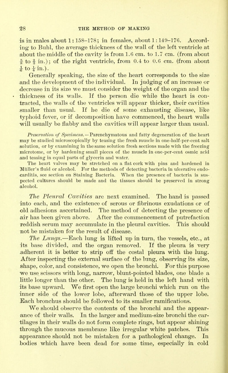 is in males about 1:158-178; in females, about 1:149-176. Accord- ing to Buhl, the average thickness of the wall of the left ventricle at about the middle of the cavity is from 1.6 cm. to 1.7 cm. (from about f to f in.); of the right ventricle, from 0.4 to 0.6 cm. (from about .itoiin.). Generally speaking, the size of the heart corresponds to the size ^nd the development of the individual. In judging of an increase or decrease in its size we must consider the weight of the organ and the ihickness of its walls. If the person die while the heart is con- tracted, the walls of the ventricles will appear thicker, their cavities smaller than usual. If he die of some exhausting disease, like typhoid fever, or if decomposition have commenced, the heart walls ^ill usually be flabby and the cavities will appear larger than usual. Preservation of Specimens. —Parenchymatous and fatty degeneration of the heart may be studied microscopically by teasing the fresh muscle in one-half-per-cent salt ;Solution, or by examining in the same solution fresh sections made with the freezing microtome, or by hardening small pieces of the muscle in one-per-cent osmic acid .and teasing in equal parts of glycerin and water. The heart valves may be stretched on a flat cork with pins and hardened in Miiller's fluid or alcohol. For the methods of detecting bacteria in ulcerative endo- carditis, see section on Staining Bacteria. When the presence of bacteria is sus- pected cultures should be made and the tissues should be preserved in strong ^alcohol. The Pleural Cavities are next examined. The hand is passed into each, and the existence of serous or fibrinous exudations or of old adhesions ascertained. The method of detecting the presence of air has been given above. After the commencement of putrefaction reddish serum may accumulate in the pleural cavities. This should not be mistaken for the result of disease. The Lungs.—Each lung is lifted up in turn, the vessels, etc., at its base divided, and the organ removed. If the pleura is very adherent it is better to strip off the costal pleura with the lung. After inspecting the external surface of the lung, observing its size, shape, color, and consistence, we open the bronchi. For this purpose we use scissors with long, narrow, blunt-pointed blades, one blade a little longer than the other. The lung is held in the left hand with its base upward. We first open the large bronchi which run on the inner side of the lower lobe, afterward those of the upper lobe, iiach bronchus should be followed to its smaller ramifications. We should observe the contents of the bronchi and the appear- ance of their walls. In the larger and medium-size bronchi the car- tilages in their walls do not form complete rings, but appear shining through the mucous membrane like irregular white patches. This appearance should not be mistaken for a pathological change. In bodies which have been dead for some time, especially in cold