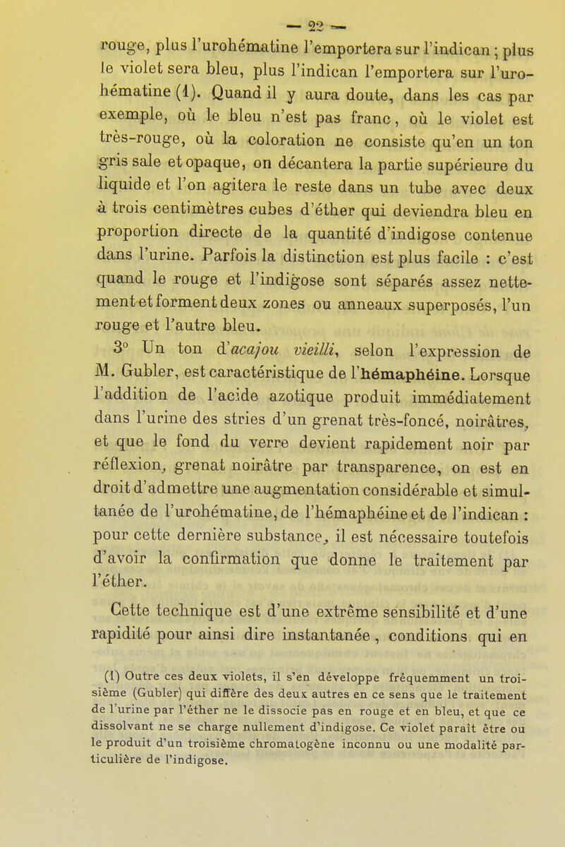 rouge, plus l'urohématine l'emportera sur l'indican ; plus le violet sera bleu, plus l'indican l'emportera sur l'uro- hématine (1). Quand il y aura doute, dans les cas par exemple, oii le bleu n'est pas franc, où le violet est très-rouge, où la coloration ne consiste qu'en un ton gris sale et opaque, on décantera la partie supérieure du liquide et l'on agitera le reste dans un tube avec deux à trois centimètres cubes d'éther qui deviendra bleu en proportion directe de la quantité dïndigose contenue dans l'urine. Parfois la distinction est plus facile : c'est quand le rouge et l'indigose sont séparés assez nette- ment et forment deux zones ou anneaux superposés, l'un rouge et l'autre bleu. 3° Un ton à!acajou vieilli, selon l'expression de M. Gubler, est caractéristique de l'hémaphéine. Lorsque l'addition de l'acide azotique produit immédiatement dans l'urine des stries d'un grenat très-foncé, noirâtres, et que le fond du verre devient rapidement noir par réflexion, grenat noirâtre par transparence, on est en droit d'admettre une augmentation considérable et simul- tanée de l'urohématine, de l'hémaphéine et de l'indican : pour cette dernière substance^ il est nécessaire toutefois d'avoir la confirmation que donne le traitement par l'éther. Cette technique est d'une extrême sensibilité et d'une rapidité pour ainsi dire instantanée, conditions qui en (l) Outre ces deux violets, il s'en développe fréquemment un troi- sième (Gubler) qui diffère des deux autres en ce sens que le traitement de l'urine par l'éther ne le dissocie pas en rouge et en bleu, et que ce dissolvant ne se charge nullement d'indigose. Ce violet paraît être ou le produit d'un troisième chromaLogène inconnu ou une modalité par- ticulière de l'indigose.