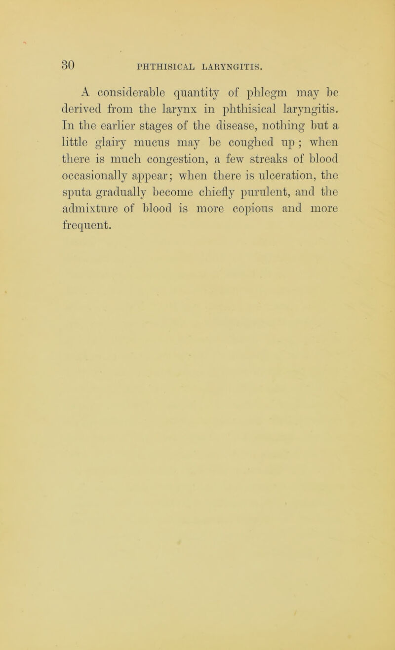 A considerable quantity of phlegm may be derived from the larynx in phthisical laryngitis. In the earlier stages of the disease, nothing but a little glairy iniicns may be coughed up ; when there is much congestion, a few streaks of blood occasionally appear; when there is ulceration, the sputa gradually become chiefly purulent, and the admixture of blood is more copious and more frequent.