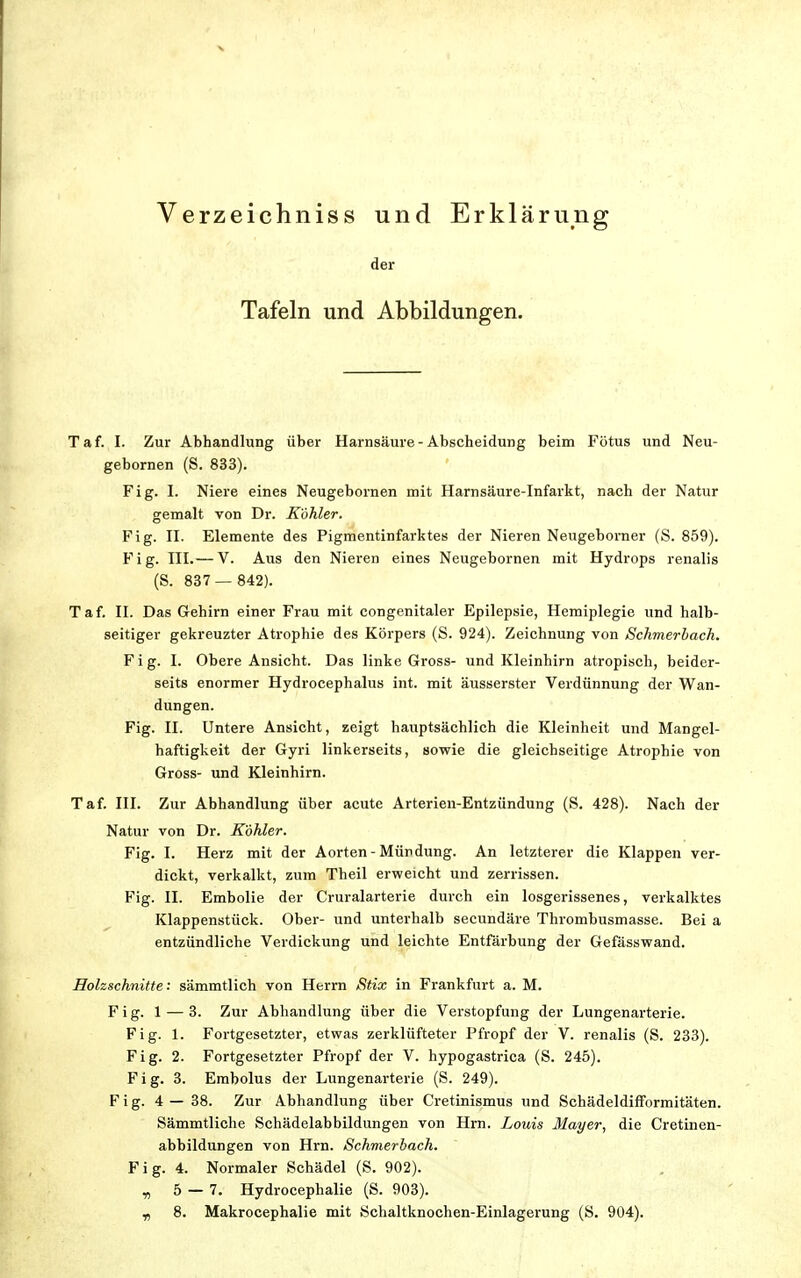 Verzeichniss und Erklärung der Tafeln und Abbildungen. Taf. I. Zur Abhandlung über Harnsäure-Abscheidung beim Fötus und Neu- gebornen (S. 833). Fig. I. Niere eines Neugebornen mit Harnsäure-Infarkt, nach der Natur gemalt von Dr. Köhler. Fig. II. Elemente des Pigmentinfarktes der Nieren Neugeborner (S. 859). Fig. III.— V. Aus den Nieren eines Neugebornen mit Hydrops renalis (S. 837 — 842). Taf. II. Das Gehirn einer Frau mit congenitaler Epilepsie, Hemiplegie und halb- seitiger gekreuzter Atrophie des Körpers (S. 924). Zeichnung von Schmerbach. Fig. I. Obere Ansicht. Das linke Gross- und Kleinhirn atropisch, beider- seits enormer Hydrocephalus int. mit äusserster Verdünnung der Wan- dungen. Fig. II. Untere Ansicht, zeigt hauptsächlich die Kleinheit und Mangel- haftigkeit der Gyri linkerseits, sowie die gleichseitige Atrophie von Gross- und Kleinhirn. Taf. III. Zur Abhandlung über acute Arterien-Entzündung (S. 428). Nach der Natur von Dr. Köhler. Fig. I. Herz mit der Aorten - Mündung. An letzterer die Klappen ver- dickt, verkalkt, zum Theil erweicht und zerrissen. Fig. II. Embolie der Cruralarterie durch ein losgerissenes, verkalktes Klappenstück. Ober- und unterhalb secundäre Thrombusmasse. Bei a entzündliche Verdickung und leichte Entfärbung der Gefässwand. Holzschnitte: sämmtlich von Herrn Stix in Frankfurt a. M. Fig. 1 — 3. Zur Abhandlung über die Verstopfung der Lungenarterie. Fig. 1. Fortgesetzter, etwas zerklüfteter Pfropf der V. renalis (S. 233). Fig. 2. Fortgesetzter Pfropf der V. hypogastrica (S. 245). F i g. 3. Embolus der Lungenarterie (S. 249). Fig. 4 — 38. Zur Abhandlung über Cretinismus und Schädeldifformitäten. Sämmtliche Schädelabbildungen von Hrn. Louis Mayer, die Cretinen- abbildungen von Hrn. Schmerbach. Fig. 4. Normaler Schädel (S. 902). „ 5 — 7. Hydrocephalie (S. 903).