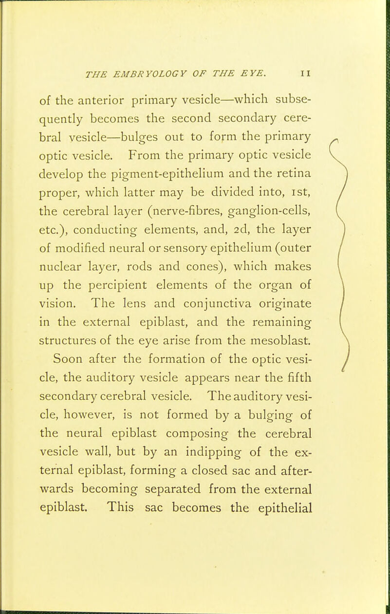 of the anterior primary vesicle—which subse- quently becomes the second secondary cere- bral vesicle—bulges out to form the primary optic vesicle. From the primary optic vesicle develop the pigment-epithelium and the retina proper, which latter may be divided into, ist, the cerebral layer (nerve-fibres, ganglion-cells, etc.), conducting elements, and, 2d, the layer of modified neural or sensory epithelium (outer nuclear layer, rods and cones), which makes up the percipient elements of the organ of vision. The lens and conjunctiva originate in the external epiblast, and the remaining structures of the eye arise from the mesoblast. Soon after the formation of the optic vesi- cle, the auditory vesicle appears near the fifth secondary cerebral vesicle. The auditory vesi- cle, however, is not formed by a bulging of the neural epiblast composing the cerebral vesicle wall, but by an indipping of the ex- ternal epiblast, forming a closed sac and after- wards becoming separated from the external epiblast. This sac becomes the epithelial