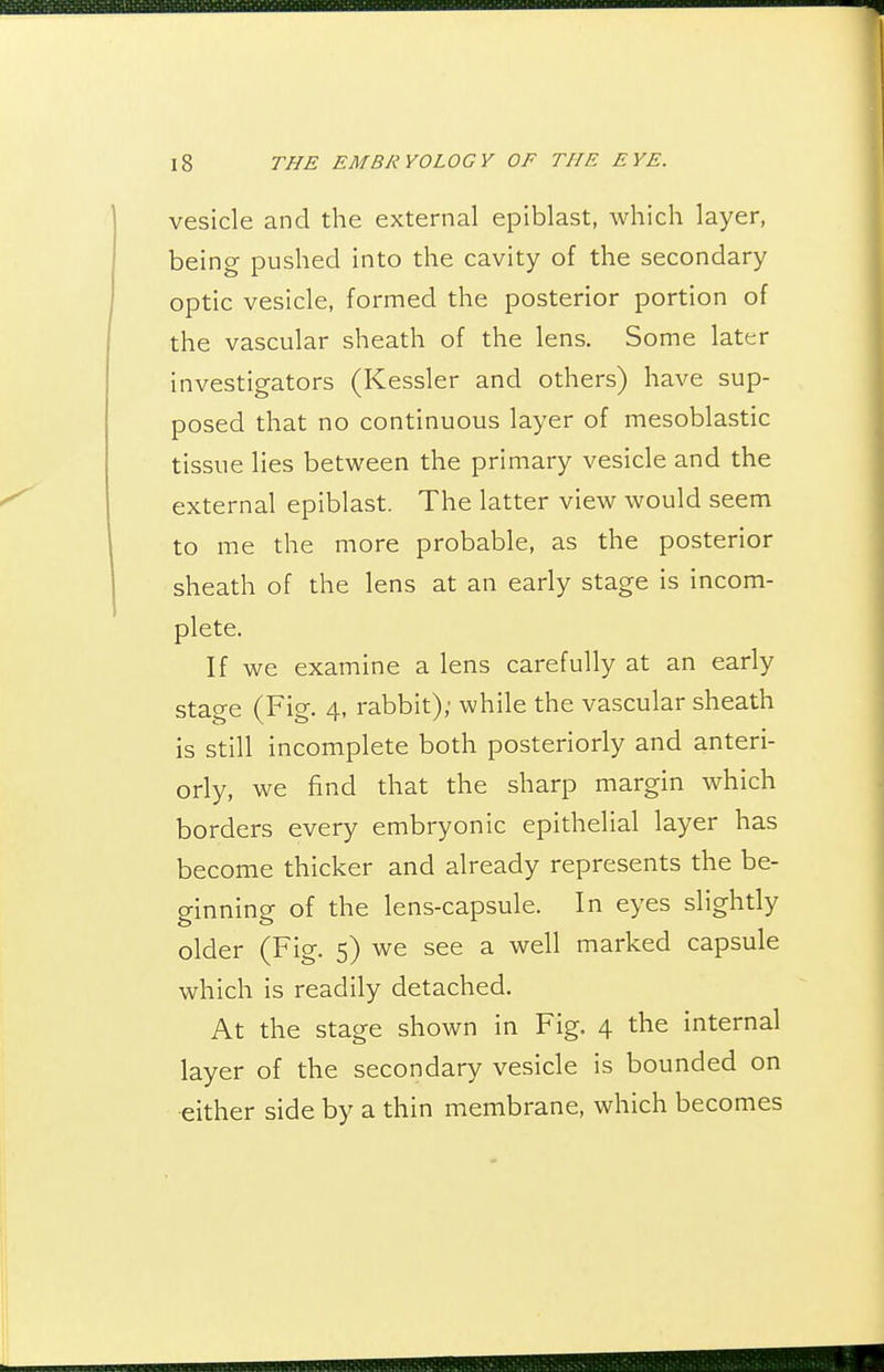 vesicle and the external epiblast, which layer, being pushed into the cavity of the secondary optic vesicle, formed the posterior portion of the vascular sheath of the lens. Some later investigators (Kessler and others) have sup- posed that no continuous layer of mesoblastic tissue lies between the primary vesicle and the external epiblast. The latter view would seem to me the more probable, as the posterior sheath of the lens at an early stage is incom- plete. If we examine a lens carefully at an early stage (Fig. 4, rabbit); while the vascular sheath is still incomplete both posteriorly and anteri- orly, we find that the sharp margin which borders every embryonic epithelial layer has become thicker and already represents the be- ginning of the lens-capsule. In eyes slightly older (Fig. 5) we see a well marked capsule which is readily detached. At the stage shown in Fig. 4 the internal layer of the secondary vesicle is bounded on either side by a thin membrane, which becomes