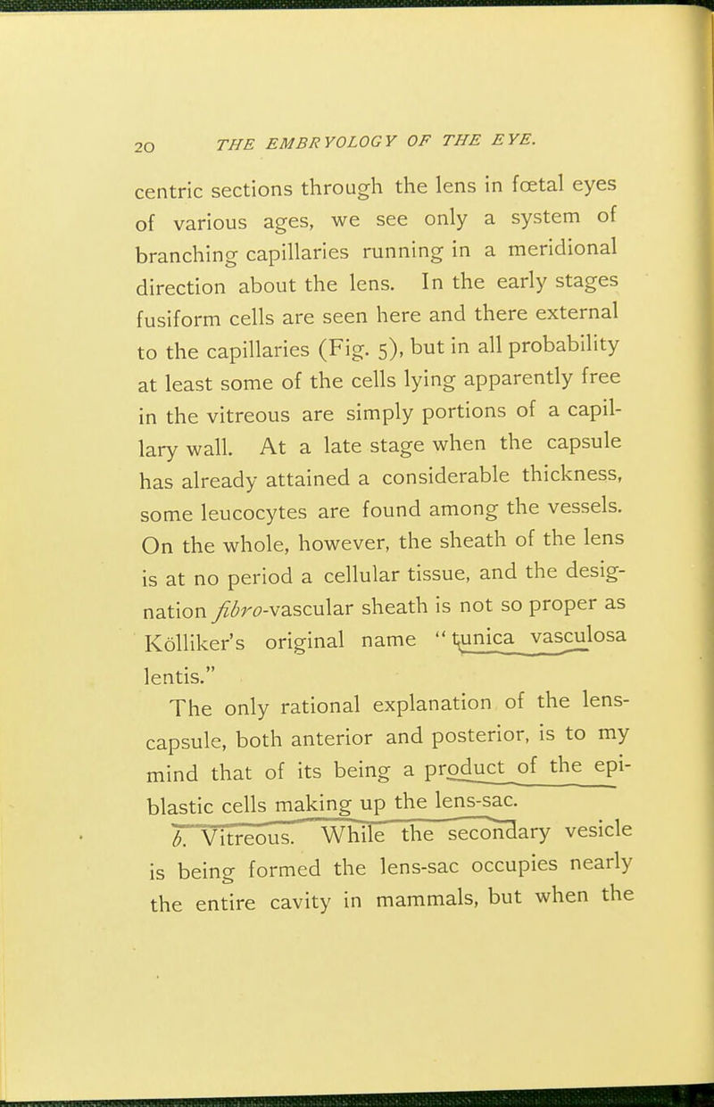 centric sections through the lens in foetal eyes of various ages, we see only a system of branching capillaries running in a meridional direction about the lens. In the early stages fusiform cells are seen here and there external to the capillaries (Fig. 5), but in all probability at least some of the cells lying apparently free in the vitreous are simply portions of a capil- lary wall. At a late stage when the capsule has already attained a considerable thickness, some leucocytes are found among the vessels. On the whole, however, the sheath of the lens is at no period a cellular tissue, and the desig- nation /(^r^7-vascular sheath is not so proper as Kolliker's original name l^unicaj^a^lo lentis. The only rational explanation of the lens- capsule, both anterior and posterior, is to my mind that of its being a product^of the epi- blastic cells making up the legffac. L Vitreous. While the secondary vesicle is being formed the lens-sac occupies nearly the entire cavity in mammals, but when the