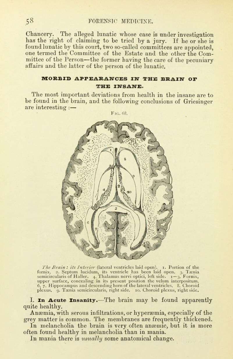 Chancery. The alleged lunatic whose case is under investigation has the right of claiming to be tried by a jury. If he or she is found lunatic by this court, two so-called committees are appointed, one termed the Committee of the Estate and the other the Com- mittee of the Person—the former having the care of the pecuniary affairs and the latter of the person of the lunatic. MORBID APPEARANCES IN THE BRAIN* OF THE INSANE. The most important deviations from health in the insane are to be found in the brain, and the following conclusions of Griesinger are interesting :— Fir,. 68. The Brain : its Interior (lateral ventricles laid open), i. Portion of the fornix. 2. Septum lucidum, its ventricle has been laid open. 3. Taenia semicircularis of Haller. 4. Thalamus nervi optici, left side. 1—3. Fornix, upper surface, concealing in its present position the velum interpositum. 6, 7. Hippocampus and descending horn of the lateral ventricles. 8. Choroid plexus. 9. Taenia semicircularis, right side. 10. Choroid plexus, right side. I. In Acute Insanity.—The brain may be found apparently quite healthy. Anaemia, with serous infiltrations, or hyperemia, especially of the grey matter is common. The membranes are frequently thickened. In melancholia the brain is very often anaemic, but it is more often found healthy in melancholia than in mania. In mania there is usually some anatomical change.