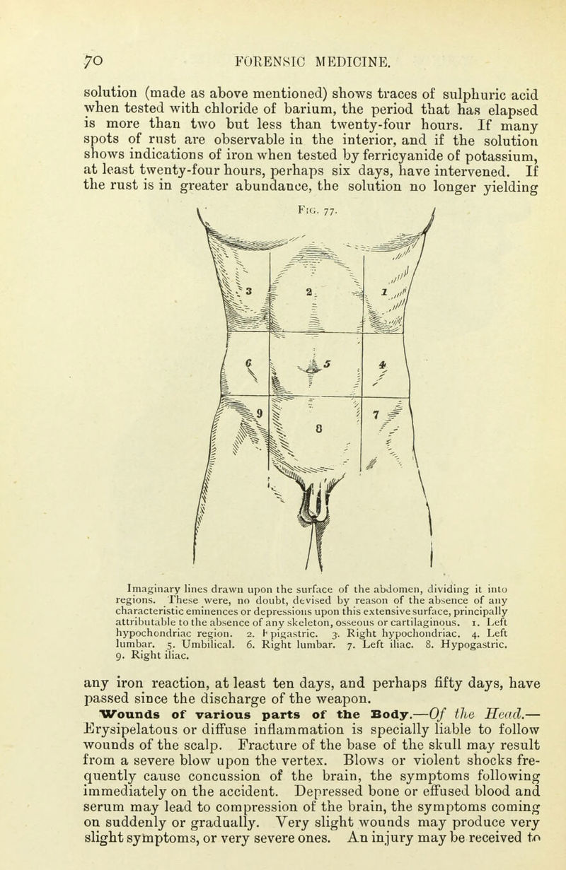 solution (made as above mentioned) shows traces of sulphuric acid when tested with chloride of barium, the period that has elapsed is more than two but less than twenty-four hours. If many spots of rust are observable in the interior, and if the solution shows indications of iron when tested by ferricyanide of potassium, at least twenty-four hours, perhaps six days, have intervened. If the rust is in greater abundance, the solution no longer yielding Fig. 77. Imaginary lines drawn upon the surface of the abdomen, dividing it into regions. These were, no doubt, devised by reason of the absence of any characteristic eminences or depressions upon this extensive surface, principally attributable to the absence of any skeleton, osseous or cartilaginous. 1. Left hypochondriac region. 2. Epigastric. 3. Right hypochondriac. 4. Left lumbar. 5. Umbilical. 6. Right lumbar. 7. Left iliac. 8. Hypogastric. 9. Right iliac. any iron reaction, at least ten days, and perhaps fifty days, have passed since the discharge of the weapon. Wounds of various parts of the Body.—Of the Head.— Erysipelatous or diffuse inflammation is specially liable to follow wounds of the scalp. Fracture of the base of the skull may result from a severe blow upon the vertex. Blows or violent shocks fre- quently cause concussion of the brain, the symptoms following immediately on the accident. Depressed bone or effused blood and serum may lead to compression of the brain, the symptoms coming on suddenly or gradually. Very slight wounds may produce very slight symptoms, or very severe ones. An injury may be received to
