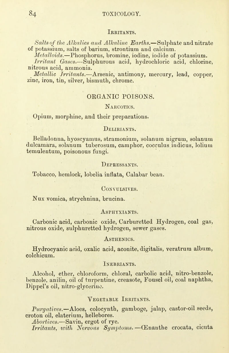 Irritants. Salts of the Alkalies and Alkaline Earths.—Sulphate and nitrate of potassium, salts of barium, strontium and calcium. Metalloids.—Phosphorus, bromine, iodine, iodide of potassium. Irritant Gases.—Sulphurous acid, hydrochloric acid, chlorine, nitrous acid, ammonia. Metallic Irritants.—Arsenic, antimony, mercury, lead, copper, zinc, iron, tin, silver, bismuth, chrome. OKGANIC POISONS. Narcotics. Opium, morphine, and their preparations. Deliriants. Belladonna, hyoscyamus, stramonium, solanum nigrum, solanum dulcamara, solanum tuberosum, camphor, cocculus indicus, lolium temulentum, poisonous fungi. Depressants. Tobacco, hemlock, lobelia inflata, Calabar bean. Convulsives. Nux vomica, strychnina, brucina. Asphyxiants. Carbonic acid, carbonic oxide, Carburetted Hydrogen, coal gas, nitrous oxide, sulphuretted hydrogen, sewer gases. Asthenics. Hydrocyanic acid, oxalic acid, aconite, digitalis, veratrura album, colchicum. Inebriants. Alcohol, ether, chloroform, chloral, carbolic acid, nitro-benzole, benzole, anilin, oil of turpentine, creasote, Fousel oil, coal naphtha, Dippel's oil, nitro-glyceriue. Vegetable Irritants. Purgatives.—Aloes, colocynth, gamboge, jalap, castor-oil seeds, croton oil, elaterium, hellebores. Abortives.—Savin, ergot of rye. Irritants, ivith Nervous Symptoms. —(Enanthe crocata, cicuta