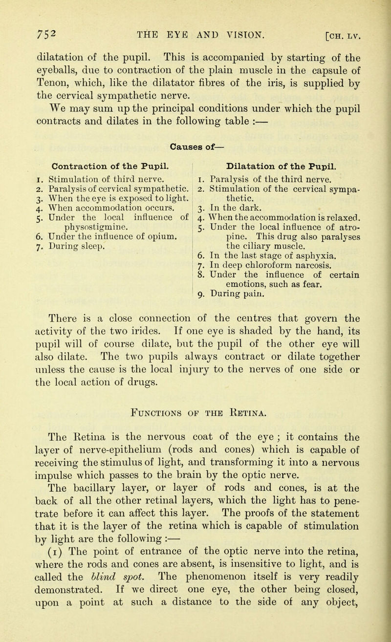 dilatation of the pupil. This is accompanied by starting of the eyeballs, due to contraction of the plain muscle in the capsule of Tenon, which, like the dilatator fibres of the iris, is supplied by the cervical sympathetic nerve. We may sum up the principal conditions under which the pupil contracts and dilates in the following table :— Causes of— Contraction of the Pupil. 1. Stimulation of third nerve. 2. Paralysis of cervical sympathetic. 3. When the eye is exposed to light. 4. When accommodation occurs. 5. Under the local influence of physostigmine. 6. Under the influence of opium. 7. During sleep. Dilatation of the Pupil. 1. Paralysis of the third nerve. 2. Stimulation of the cervical sympa- thetic. 3. In the dark. 4. When the accommodation is relaxed. 5. Under the local influence of atro- pine. This drug also paralyses the ciliary muscle. 6. In the last stage of asphyxia. 7. In deep chloroform narcosis. 8. Under the influence of certain emotions, such as fear. 9. During pain. There is a close connection of the centres that govern the activity of the two irides. If one eye is shaded by the hand, its pupil will of course dilate, but the pupil of the other eye will also dilate. The two pupils always contract or dilate together unless the cause is the local injury to the nerves of one side or the local action of drugs. Functions of the Retina. The Retina is the nervous coat of the eye ; it contains the layer of nerve-epithelium (rods and cones) which is capable of receiving the stimulus of light, and transforming it into a nervous impulse which passes to the brain by the optic nerve. The bacillary layer, or layer of rods and cones, is at the back of all the other retinal layers, which the light has to pene- trate before it can affect this layer. The proofs of the statement that it is the layer of the retina which is capable of stimulation by light are the following :— (I) The point of entrance of the optic nerve into the retina, where the rods and cones are absent, is insensitive to light, and is called the blind spot. The phenomenon itself is very readily demonstrated. If we direct one eye, the other being closed, upon a point at such a distance to the side of any object,