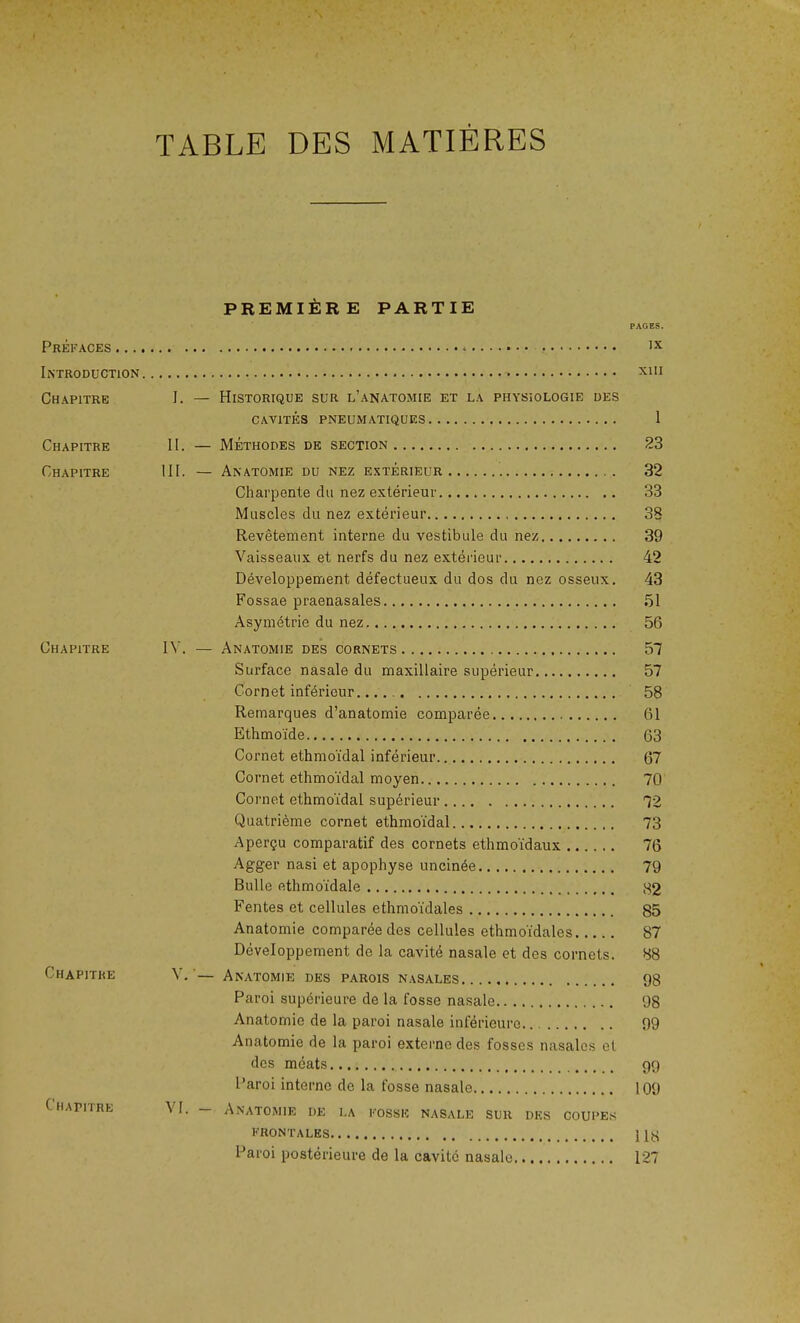 TABLE DES MATIÈRES PREMIÈRE PARTIE PAGES. Préfaces IX Introduction xm Chapitre I. — Historique sur l’anatomie et la physiologie des cavités pneumatiques 1 Chapitre II. — Méthodes de section 23 Chapitre III. — Anatomie du nez extérieur 32 Charpente du nez extérieur 33 Muscles du nez extérieur 38 Revêtement interne du vestibule du nez 39 Vaisseaux et nerfs du nez extérieur 42 Développement défectueux du dos du nez osseux. 43 Fossae praenasales 51 Asymétrie du nez 56 Chapitre IV. — Anatomie des cornets 57 Surface nasale du maxillaire supérieur 57 Cornet inférieur.... 58 Remarques d’anatomie comparée 61 Ethmoïde 63 Cornet ethmoïdal inférieur 67 Cornet ethmoïdal moyen 70 Cornet ethmoïdal supérieur 72 Quatrième cornet ethmoïdal 73 Aperçu comparatif des cornets ethmoïdaux 76 Agger nasi et apophyse uncinée 79 Bulle ethmoïdale 82 Fentes et cellules ethmoïdales 85 Anatomie comparée des cellules ethmoïdales 87 Développement de la cavité nasale et des cornets. 88 Chapitre V. — Anatomie des parois nasales 98 Paroi supérieure de la fosse nasale 98 Anatomie de la paroi nasale inférieure.. 99 Anatomie de la paroi externe des fosses nasales et des méats gg Paroi interne de la fosse nasale 109 Chatitre VI. — Anatomie de la fosse nasale sur des coupes FRONTALES i 18 Paroi postérieure de la cavité nasale 127