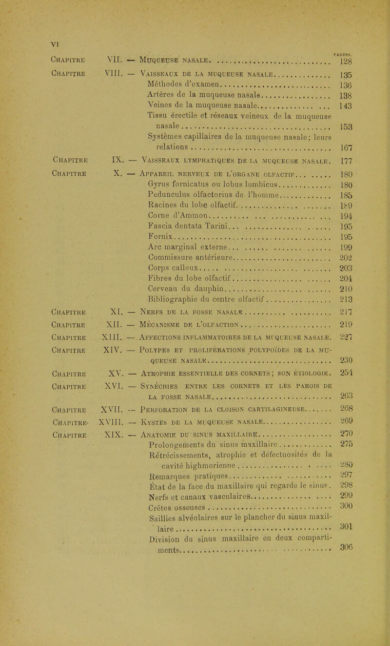 vr I'ACESS. Chapitre VII. — Muqueuse nasale 128 Chapitre VIII. — Vaisseaux de la muqueuse nasale 135 Méthodes d’examen 136 Artères de la muqueuse nasale 138 Veines de la muqueuse nasale 143 Tissu érectile et réseaux veineux de la muqueuse nasale 153 Systèmes capillaires de la muqueuse nasale; leurs relations ; 167 Chapitre IX. — Vaisseaux lymphatiques de la muqueuse nasale. 177 Chapitre X. — Appareil nerveux de l’organe olfactif 180 Gyrus fornicatus ou lobus lumbicus 180 Pedunculus olfactorius de l'homme 185 Racines du lobe olfactif 189 Corne d’Ammon 194 Fascia dentata Tarini 195 Fornix 195 Arc marginal externe 199 Commissure antérieure 202 Corps calleux 203 Fibres du lobe olfactif 204 Cerveau du dauphin 210 Bibliographie du centre olfactif 213 Chapitre XI. — Nerfs de la fosse nasale 217 Chapitre XII. — Mécanisme de l’olfaction 219 Chapitre XIII. — Affections inflammatoires de la muqueuse nasale. 227 Chapitre XIV. — Polypes et proliférations polypoïdes de la mu- queuse nasale 230 Chapitre XV. — Atrophie essentielle des cornets ; son étiologie. 251 Chapitre XVI. — Synéchies entre les cornets et les parois de la fosse nasale 263 Chapitre XVII. — Perforation de la cloison cartilagineuse 268 Chapitre- XVIII. — Kystes de la muqueuse nasale 269 Chapitre XIX. — Anatomie du sinus maxillaire 270 Prolongements du sinus maxillaire 275 Rétrécissements, atrophie et défectuosités de la cavité highmorienne * .... 280 Remarques pratiques 297 État de la face du maxillaire qui regarde le sinus. 298 Nerfs et canaux vasculaires 299 Crêtes osseuses 500 Saillies alvéolaires sur le plancher du sinus maxil- laire 501 Division du sinus maxillaire en deux comparti- ments 30®