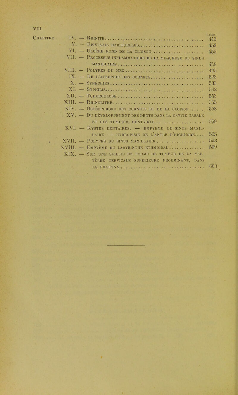 JvAUJ#na Chapitre IV. — Rhinite 443 V. - Epistaxis habituelles 453 VI. — Ulcère rond de la cloison 455 VII. — Processus inflammatoire de la muqueuse du sinus MAXILLAIRE 458 VIII. — Polypes du nez 475 IX. — De l’atrophie des cornets 523 X. — Synéchies 533 XI. — Syphilis 542 XII. — Tuberculose 553 XIII. — Rhinolithe 555 XIV. — Ostéoporose des cornets et de la cloison.... . 558 XV. — Du DÉVELOPPEMENT DES DENTS DANS LA CAVITÉ NASALE ET DES TUMEURS DENTAIRES 559 XVI. — Kystes dentaires. — empyème du sinus maxil- laire. — HYDROP1SIE DE l’aNTKE d’hiGIIMORE 565 . XVII. — Polypes du sinus maxillaire 593 XVIII. — Empyème du labyrinthe ethmoïdal 599 XIX. — Sur une saillie en forme de tumeur de i,\ ver- tèbre cervicale supérieure proèminant, dans LE PHARYNX 603