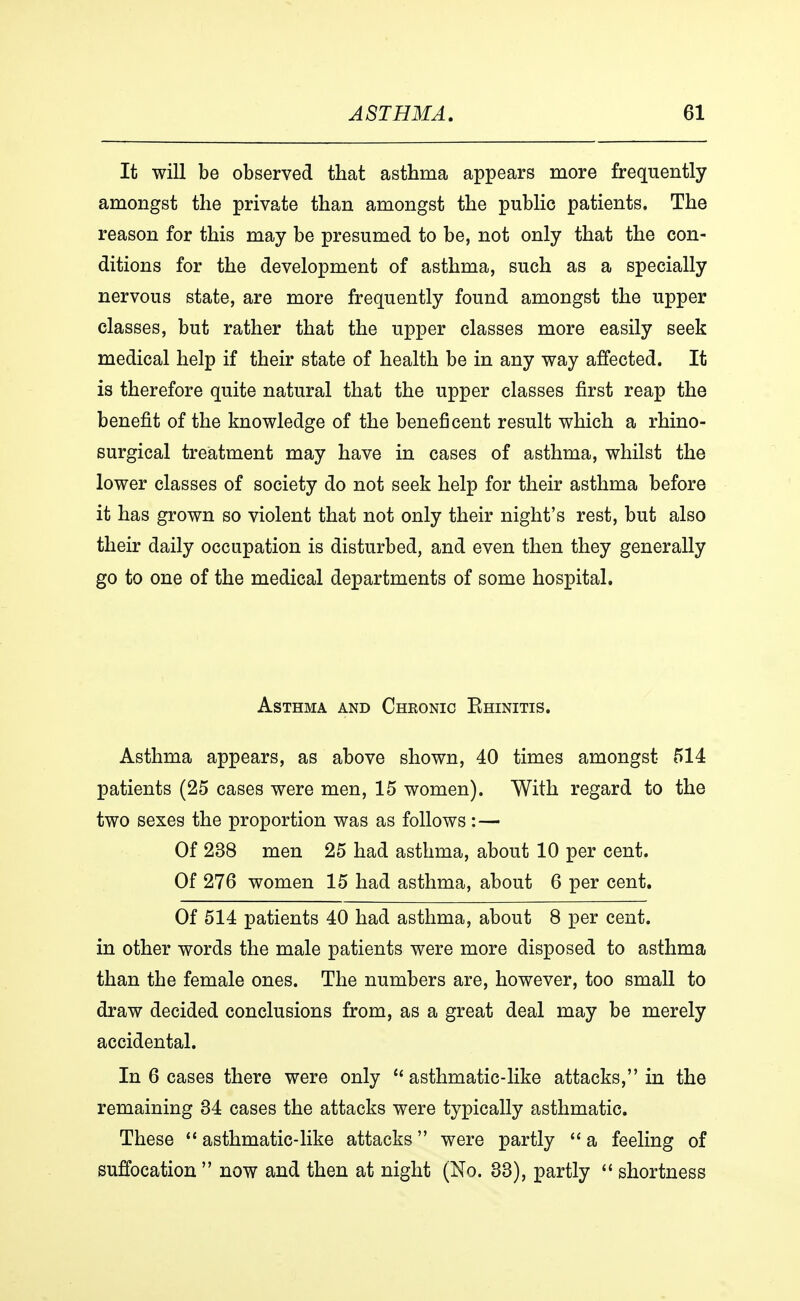 It will be observed that asthma appears more frequently amongst the private than amongst the public patients. The reason for this may be presumed to be, not only that the con- ditions for the development of asthma, such as a specially nervous state, are more frequently found amongst the upper classes, but rather that the upper classes more easily seek medical help if their state of health be in any way affected. It is therefore quite natural that the upper classes first reap the benefit of the knowledge of the beneficent result which a rhino- surgical treatment may have in cases of asthma, whilst the lower classes of society do not seek help for their asthma before it has grown so violent that not only their night's rest, but also their daily occupation is disturbed, and even then they generally go to one of the medical departments of some hospital. Asthma and Chkonic Ehinitis. Asthma appears, as above shown, 40 times amongst 514 patients (25 cases were men, 15 women). With regard to the two sexes the proportion was as follows:— Of 238 men 25 had asthma, about 10 per cent. Of 276 women 15 had asthma, about 6 per cent. Of 514 patients 40 had asthma, about 8 per cent, in other words the male patients were more disposed to asthma than the female ones. The numbers are, however, too small to draw decided conclusions from, as a great deal may be merely accidental. In 6 cases there were only  asthmatic-like attacks, in the remaining 34 cases the attacks were typically asthmatic. These  asthmatic-like attacks  were partly  a feeling of suffocation  now and then at night (No. 33), partly  shortness