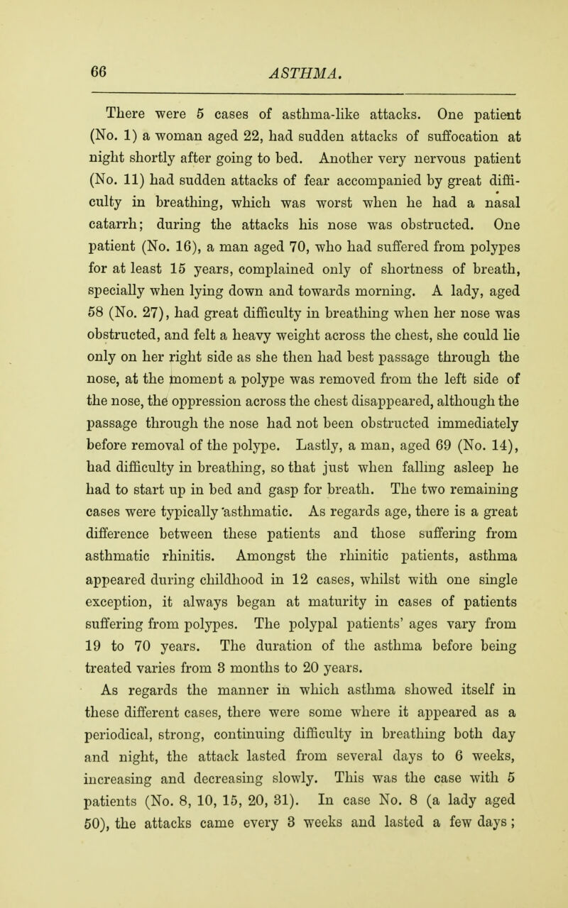 There were 5 cases of asthma-like attacks. One patient (No. 1) a woman aged 22, had sudden attacks of suffocation at night shortly after going to bed. Another very nervous patient (No. 11) had sudden attacks of fear accompanied by great diffi- culty in breathing, which was worst when he had a nasal catarrh; during the attacks his nose was obstructed. One patient (No. 16), a man aged 70, who had suffered from polypes for at least 15 years, complained only of shortness of breath, specially when lying down and towards morning. A lady, aged 58 (No. 27), had great difficulty in breathing when her nose was obstructed, and felt a heavy weight across the chest, she could lie only on her right side as she then had best passage through the nose, at the Jnoment a polype was removed from the left side of the nose, the oppression across the chest disappeared, although the passage through the nose had not been obstructed immediately before removal of the polype. Lastly, a man, aged 69 (No. 14), had difficulty in breathing, so that just when falling asleep he had to start up in bed and gasp for breath. The two remaining cases were typically 'asthmatic. As regards age, there is a great difference between these patients and those suffering from asthmatic rhinitis. Amongst the rhinitic patients, asthma appeared during childhood in 12 cases, whilst with one single exception, it always began at maturity in cases of patients suffering from polypes. The polypal patients' ages vary from 19 to 70 years. The duration of the asthma before being treated varies from 3 months to 20 years. As regards the manner in which asthma showed itself in these different cases, there were some where it appeared as a periodical, strong, continuing difficulty in breathing both day and night, the attack lasted from several days to 6 weeks, increasing and decreasing slowly. This was the case with 5 patients (No. 8, 10, 15, 20, 31). In case No. 8 (a lady aged 50), the attacks came every 3 weeks and lasted a few days;