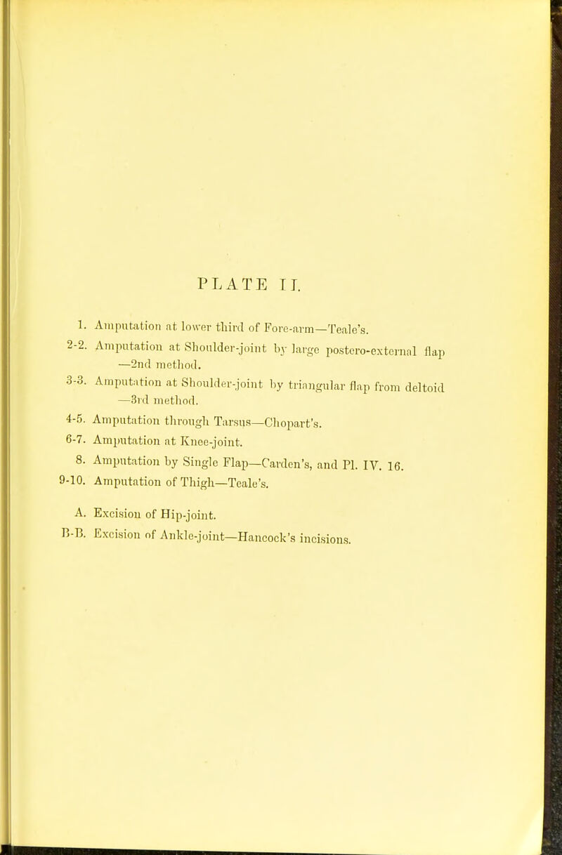 1. Amputation at lower tliird of Fore-arm—Teale's. 2- 2. Amputation at Shoulder-joint by large postero-external flap —2nd method. 3- 3. Amput;ition at Shoulder-joint hy triangular flap from deltoid —3rd metliod. 4- 5. Amputation through Tarsus—Chopart's. 6-7. Ampiitation at Knee-joint. 8. Amputation by Single Flap—Garden's, and PI. IV. 16. 9-10. Amputation of Thigh—Teale's. A. Excision of Hip-joint. B-B. Excision of Ankle-joint—Hancock's incisions.