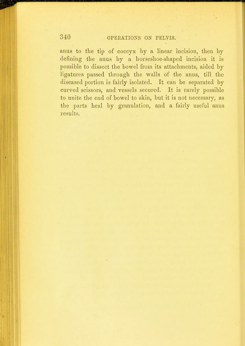 anus to the tip of coccyx by a linear incision, then by defining the anus by a horseshoe-shaped incision it is possible to dissect the bowel from its attachments, aided by ligatures passed through the walls of the anus, till the diseased portion is fairly isolated. It can be separated by curved scissors, and vessels secured. It is rarely possible to unite the end of bowel to skin, but it is not necessary, as the parts heal by granulation, and a fairly useful anus results.