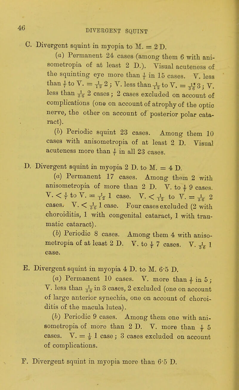 40 DIVERGENT SQUINT C. Divergent squint in myopia to M. = 2 D. (a) Permanent 24 cases (among them 6 with ani- sometropia of at least 2 D.). Visual acutenoss of the squinting eye more than f in 15 cases. V. less than f to V. = 2; V. less than ^ to V. = ^ 3; V. less than 2 cases; 2 cases excluded on account of complications (one on account of atrophy of the optic nerve, the other on account of posterior polar cata- ract). (b) Periodic squint 23 cases. Among them 10 cases with anisometropia of at least 2 D. Visual acuteness more than f in all 23 cases. D. Divergent squint in myopia 2 D. to M. = 4 D. (a) Permanent 17 cases. Among them 2 with anisometropia of more than 2D. V. to j 9 cases. V. < f to V. = TV 1 case. V. < ^ to V. = ^ 2 cases. V. < -gL 1 case. Four cases excluded (2 with choroiditis, 1 with congenital cataract, 1 with trau- matic cataract). (6) Periodic 8 cases. Among them 4 with aniso- metropia of at least 2D. V. to A 7 cases. V. A- 1 • * 3 6 case. E. Divergent squint in myopia 4 D. to M. 6-5 D. (a) Permanent 10 cases. V. more than f in 5; V. less than 3^ in 3 cases, 2 excluded (one on account of large anterior synechia, one on account of choroi- ditis of the macula lutea). (&) Periodic 9 cases. Among them one with ani- sometropia of more than 2 D. V. more than -f 5 cases. V. = 4 1 case; 3 cases excluded on account of complications. F. Divergent squint in myopia more than 6*5 D.