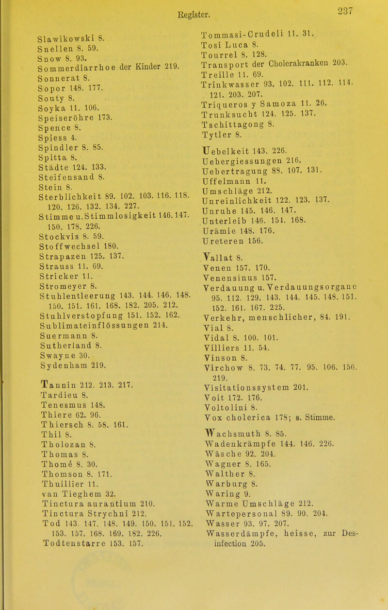 Slawikowski 8. Snellen 8. 59. Snow 8. 93. Sommerdiarrhoe der Kinder 219. Sonuerat 8. Sopor U8. 177. Souty 8. Soyka 11. 106. Speiseröhre 173. Sperice 8. Spiess 4. Spindler 8. 85. Spitta 8. Städte 124, 133. Steifensand 8. Stein 8. Sterblichkeit 89. 102. 103. 116. 118. 120. 126. 132. 134. 227. Stimme u.Stimmlosigkeit 146.147. 150. 178. 226. Stockvis 8. 59. Stoffwechsel 180. Strapazen 125. 137. Strauss 11. 69. Stricker 11. Stromeyer 8. Stuhlentleerung 143. 144. 146. 148. 150. 151. 161. 168. 182. 205. 212. Stuhlverstopfung 151. 152. 162. Sublimateinflössungen 214. Suermann 8. Sutherland 8. Swayne 30. Sydenham 219. Tannin 212. 213. 217. Tardieu 8. Tenesmus 148. Thiere 62. 96. Thiersch 8. 58. 161. Thil 8. Tholozan 8. Thomas 8. Thomö 8. 30. Thomson 8. 171. Thuillier 11. van Tieghem 32. Tinctura aurantium 210. Tinctura Strychni 212. Tod 143. 147. 148. 149. 150. 151. 152. 153. 157. 168. 169. 182. 226. Todtenstarre 153. 157. Tommasi-Crudeli 11. 31. Tosi Luca 8. Tourrel 8. 128. Transport der Cholerakranken 203. Treille 11. 69. Trinkwasser 93. 102. III. 112. 114. 121. 203. 207. Triqueros y Samoza 11. 26. Trunksucht 124. 125. 137. Tschittagong 8. Tytler 8. TJebelkeit 143. 226. Uebergiessungen 216. Uebertragung 88. 107. 131. Uffelmann 11. Umschläge 212. ünreinlichkeit 122. 123. 137. Unruhe 145, 146. 147. Unterleib 146. 154. 168, Urämie 148, 176, Ureteren 156. Vallat 8. Venen 157. 170. Venensinus 157. Verdauung u. Verdauungsorgane 95. 112. 129. 143. 144. 145. 148. 151. 152. 161. 167. 225. Verkehr, menschlicher, 84. 191. Vial 8. Vidal 8. 100. 101. Villiers 11. 54. Vinson 8. Virchow 8. 73. 74. 77. 95. 106. 156. 219. Visitationssystem 201. Voit 172. 176. Voltolini 8. Vox cholerica 178; s. Stimme. Wachsmuth 8. 85. Wadenkrämpfe 144. 146. 226. Wäsche 92. 204. Wagner 8. 165. Walther 8. Warburg 8. Waring 9. Warme Umschläge 212. Wartepersonal 89. 90. 204. Wasser 93. 97. 207. Wasser dämpfe, heisse, zur Des- infection 205.