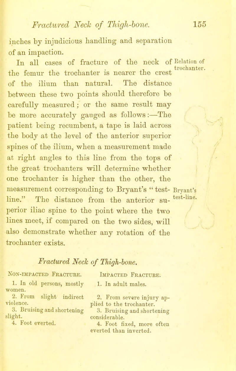 inches by injudicious handling and separation of an impaction. In all cases of fracture of the neck of Relation of i i ., . trochanter, the femur the trochanter is nearer trie crest of the ilium than natural. The distance between these two points should therefore be carefully measured; or the same result may be more accurately ganged as follows:—The patient being recumbent, a tape is laid across the body at the level of the anterior superior spines of the ilium, when a measurement made at right angles to this line from the tops of the great trochanters will determine whether one trochanter is higher than the other, the measurement corresponding to Bryant's  test- Bryant's line. The distance from the anterior su- testline- perior iliac spine to the point where the two lines meet, if compared on the two sides, will also demonstrate whether any rotation of the trochanter exists. Fractured Neck of Tliigh-bone. Non-impacted Fracture. Impacted Fracture. 1. In old persons, mostly 1. In adult males, women. 2. From slight indirect 2. From severe injury ap- violence. plied to the trochanter. 3. Bruising and shortening 3. Bruising and shortening slight. considerable. 4. Foot everted. 4. Foot fixed, more often everted than inverted. /