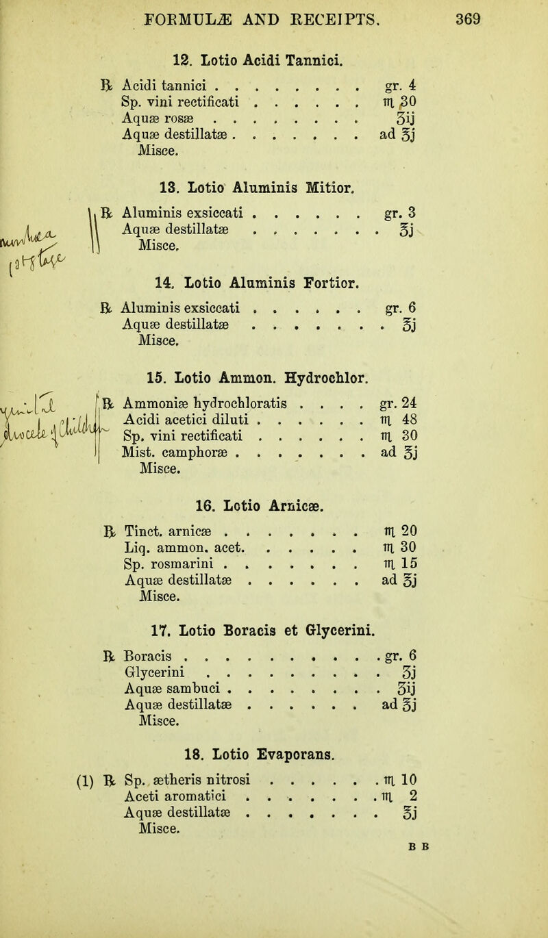 12. Lotio Acidi Tannici. B> Acidi tannici gr. 4 Sp. vini rectificati Tn, 30 Aquae rosae 3ij Aquae destillatse ad §j Misce. 13. Lotio Aluminis Mitior. KR Aluminis exsiccati gr. 3 k . a \\ Aquae destillatse ....... 5j \\ Misce. 14. Lotio Aluminis Fortior. ft Aluminis exsiccati gr. 6 Aquae destillatse 5j Misce. 15. Lotio Ammon. Hydrochlor. f ft Ammoniae hydrochloratis . . . . gr. 24 Acidi acetici diluti tn, 48 Sp. vini rectificati ni 30 Mist, camphorae ad §j Misce. 16. Lotio Amicse. ft Tinct. arnicae fit 20 Liq. ammon. acet tn, 30 Sp. rosmarini . v\ 15 Aquae destillatae ad §j Misce. 17. Lotio Boracis et Glycerini. ft Boracis gr. 6 Glycerini 3j Aquae sambuci 3ij Aquae destillatae ad §j Misce. 18. Lotio Evaporans. (1) ft Sp. aetheris nitrosi m 10 Aceti aromatici . m. 2 Aquae destillatae gj