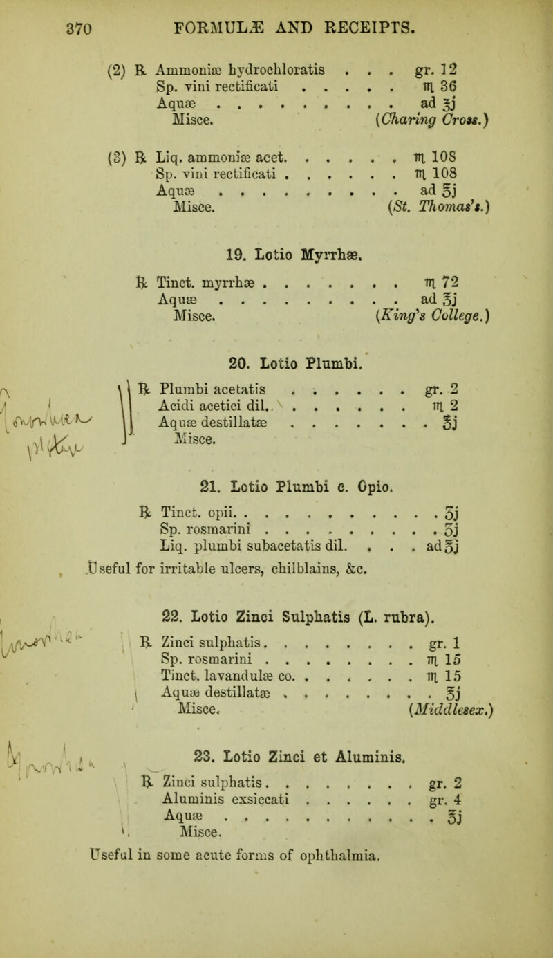 (2) R Amnionic hydrochloratis . . . gr. 12 Sp. villi rectificati 1H 36 Aquae ad Misce. {Charing Crow.) (3) R Liq. ammonia? acet V[ 10S Sp. vini rectificati Til 108 Aqure ad 5j Misce. {St. Thomas's.) 19. Lotio MyiThae. R Tinct. inyrrhae m 72 Aquae ad 5j Misce. {King's College.) 20. Lotio Plumbi. \ \ R Plumbi acetatis ...... gr. 2 ' \ I Acidi acetici dil. lit 2 '^'VA,\Mt^ W Aquae destillatae Sj J iIiSCe' 21. Lotio Plumbi c. Opio. R Tinct. opii 5j Sp. rosraarini 5j Liq. plumbi subacetatis dil. . . . ad 5j Useful for irritable ulcers, cbilblains, &c. 22. Lotio Zinci Sulphatis (L. rubra). 1 Afj^O   R Zinci sulpbatis gr. 1 ^ Sp. rosmarini in. 15 Tinct. lavandulce co % 15 \ Aquae destillatae , 5j Misce. {Middlesex.) 23. Lotio Zinci et Aluminis. R Zinci sulphatis gr. 2 Aluminis exsiccati gr. 4 Aquaa 5j Misce. Useful in some acute forms of ophthalmia.