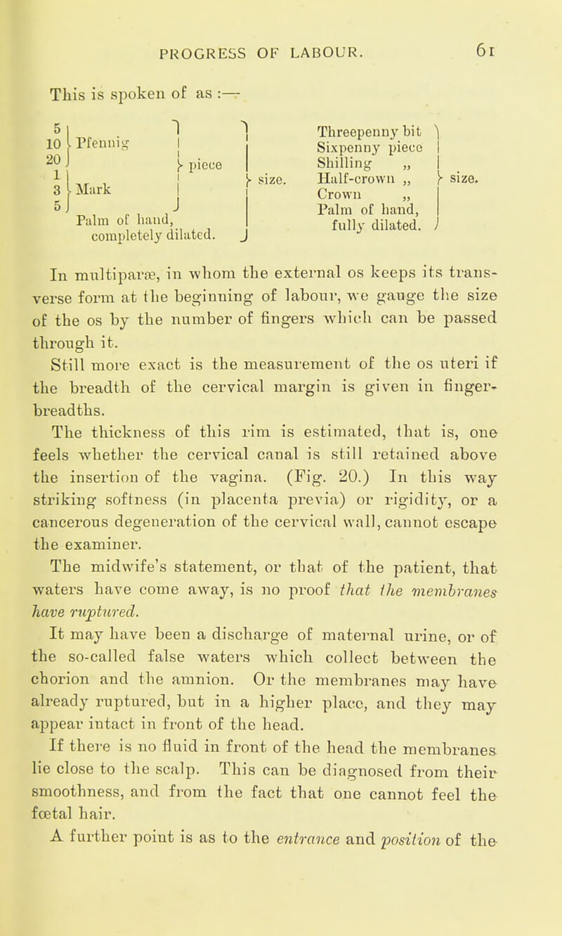 PROGRESS OF LABOUR. This is spoken of as :— }• piece 5l 1 10 \ Pfennig 20 J 3 i Mark 5j J Palm of hand, completely dilated. Threepenny bit ^ Sixpenny piece Shilling „ I }■ size. Half-crown „ )■ size. Crown „ Palm of hand, fully dilated. ) In multipara3, in whom the external os keeps its trans- verse form at the beginning of labour, we gauge the size of the os by the number of fingers which can be passed through it. Still more exact is the measurement of the os uteri if the breadth of the cervical margin is given in finger- breadths. The thickness of this rim is estimated, that is, one feels whether the cervical canal is still retained above the insertion of the vagina. (Fig. 20.) In this way striking softness (in placenta previa) or rigidity, or a cancerous degeneration of the cervical wall, cannot escape the examiner. The midwife's statement, or that of the patient, that waters have come away, is no proof that the membranes have ruptured. It may have been a discharge of maternal urine, or of the so-called false waters which collect between the chorion and the amnion. Or the membranes may have already ruptured, but in a higher place, and they may appear intact in front of the head. If there is no fluid in front of the head the membranes lie close to the scalp. This can be diagnosed from their smoothness, and from the fact that one cannot feel the foctal hair. A further point is as to the entrance and position of the