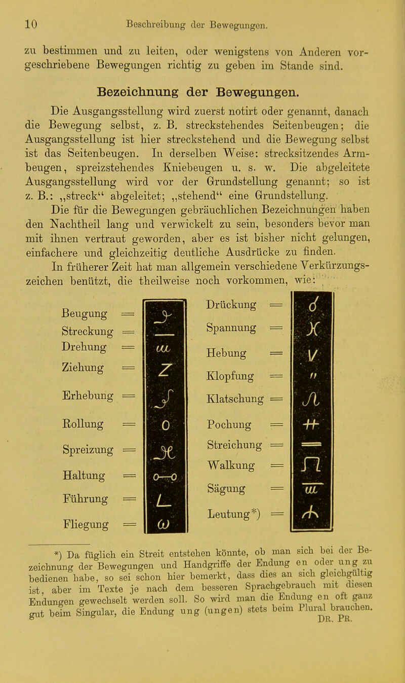 zu bestimmen und zu leiten, oder wenigstens von Anderen vor- gescbriebene Bewegungen richtig zu geben im Stande sind. Bezeichnung der Bewegungen. Die Ausgangsstellung wird zuerst notirt oder genannt, danach die Bewegung selbst, z. B. streckstehendes Seitenbeugen; die Ausgangsstellung ist hier streckstehend und die Bewegung selbst ist das Seitenbeugen. In derselben Weise: strecksitzendes Arm- beugen, spreizstehendes Kniebeugen u. s. w. Die abgeleitete Ausgangsstellung wird vor der Grundstellung genannt; so ist z. B.: „streck abgeleitet; „stehend eine GrundvStellung. Die für die Bewegungen gebräuchlichen Bezeichnuhgeii haben den Nachtheil lang und verwickelt zu sein, besonders bevor man mit ihnen vertraut geworden, aber es ist bisher nicht gelungen, einfachere und gleichzeitig deutliche Ausdrücke zu finden. In früherer Zeit hat man allgemein verschiedene Verkürzungs- zeichen benützt, die theilweise noch vorkommen, wie: Beugung Streckung Drehung Ziehung Erhebung Rollung = Spreizung = Haltung = Führung = Fliegung = 0—0 Drückung Spannung Hebung Klopfung Klatschung Pochung Streichung Walkung Sägung Leutung*) *) Da füglicLi ein Streit entstehen könnte, ob man sich bei der Be- zeichnung der Bewegungen und Handgriffe der Endung en oder ung zu bedienen habe, so sei schon hier bemerkt, dass dies an sich gleichgültig ist aber im Texte je nach dem besseren Sprachgebrauch mit diesen Endungen gewechselt werden soll. So wii-d man die Endung eu oft ganz gut beim Singular, die Endung ung (ungen) stets beim Plural bmuchen.