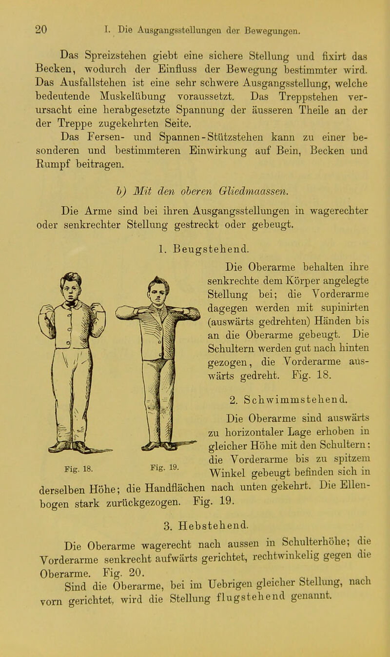 Das Spreizstehen giebt eine sichere Stellung und fixirt das Becken, wodurch der Einfluss der Bewegung iDestimmter wird. Das Ausfallstehen ist eine sehr schwere Ausgangsstellung, welche bedeutende Muskelübung voraussetzt. Das Treppstehen ver- ursacht eine herabgesetzte Spannung der äusseren Theile an der der Treppe zugekehrten Seite. Das Fersen- und Spannen - Stützstelien kann zu einer be- sonderen und bestimmteren Einwirkung auf Bein, Becken und Rumpf beitragen. h) Mit den oberen GUedniaassen. Die Arme sind bei ihren Ausgangsstellungen in wagerechter oder senkrechter Stellung gestreckt oder gebeugt. 1. Beugstehend. Die Oberarme behalten ihre senkrechte dem Körper angelegte Stellung bei; die Vorderarme dagegen werden mit supimrten (auswärts gedrehten) Händen bis an die Oberarme gebeugt. Die Schultern werden gut nach hinten gezogen, die Vorderarme aus- wärts gedreht. Fig. 18. 2. Schwimmstehend. Die Oberarme sind auswäi-ts zu horizontaler Lage erhoben in gleicher Höhe mit den Schultern: die Vorderarme bis zu spitzem Winkel gebeugt befinden sich in derselben Höhe; die Handflächen nach unten gekehrt. Die Ellen- bogen stark zurückgezogen. Fig. 19. 3. Hebstehend. Die Oberarme wagerecht nach aussen in Schulterhöhe; die Vorderarme senkrecht aufwärts gerichtet, rechtwinkelig gegen die Oberarme. Fig. 20. Sind die Oberarme, bei im Uebrigen gleicher Stellung, nach vorn gerichtet, wird die Stellung flugstehend genannt.