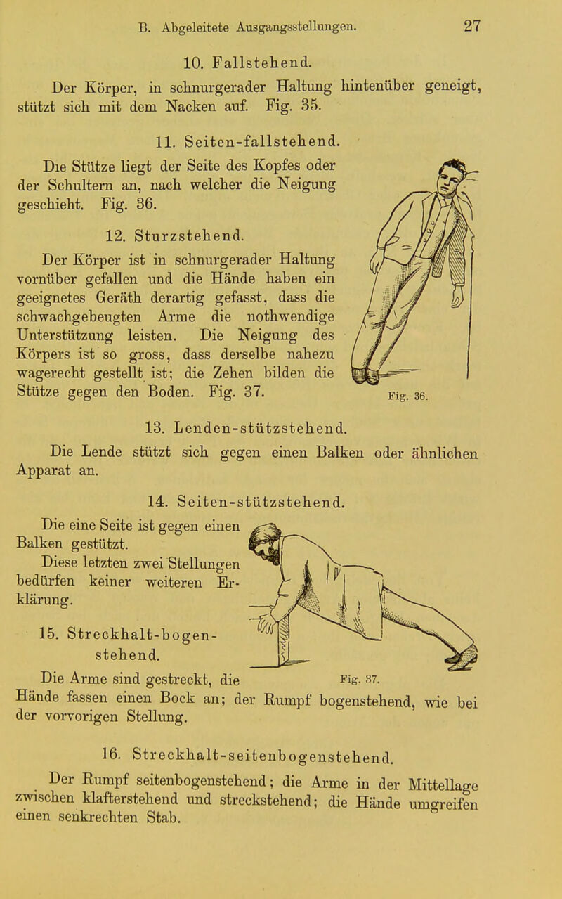 10. Fallstehend. Der Körper, in sclinurgerader Haltung hintenüber geneigt, stützt sich mit dem Nacken auf. Fig. 35. 11. Seiten-fallstehend. Die Stütze liegt der Seite des Kopfes oder der Schultern an, nach welcher die Neigung geschieht. Fig. 36. 12. Sturzstehend. Der Körper ist in schnurgerader Haltung vornüber gefallen und die Hände haben ein geeignetes Geräth derartig gefasst, dass die schwachgebeugten Arme die nothwendige Unterstützung leisten. Die Neigung des Körpers ist so gross, dass derselbe nahezu wagerecht gestellt ist; die Zehen bilden die Stütze gegen den Boden. Fig. 37. Fig. 36. 13. Lenden-stützstehend. Die Lende stützt sich gegen einen Balken oder ähnlichen Apparat an. 14. Seiten-stützstehend. Die eine Seite ist gegen einen Balken gestützt. Diese letzten zwei Stellungen bedürfen keiner weiteren Er- klärung. 15, Streckhalt-bogen- stehend. Hände fassen einen Bock an; der Rumpf bogenstehend, wie bei der vorvorigen Stellung. 16. Streckhalt-seitenbogenstehend. Der Rumpf seitenbogenstehend; die Arme in der Mittellage zwischen klafterstehend und streckstehend; die Hände umgreifen einen senkrechten Stab.