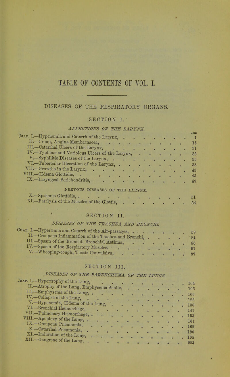 DISEASES OF THE RESPIRATORY ORGAN'S. SECTION I. AFFECTIONS OF THE LARYNX. CflAP. I.—Hyperemia and Catarrh of the Larynx, 1 II.—Croup, Angina Membranacea, 15 III. —Catarrhal Ulcers of the Larynx, 31 IV. —Typhous and Variolous Ulcers of tbe Larynx, 83 V.—Syphilitic Diseases of the Larynx, 35 VI.—Tubercular Ulceration of the Larynx, 38 VII.—Growths in the Larynx, 43 VIII.—(Edema Glottidis, . 45 IX.—Laryngeal Perichondritis, . . . • 49 NEKVOTJS DISEASES OF THE LAETNX. X.—Spasmus Glottidis, 51 XL—Paralysis of the Muscles of the Glottis, 54 SECTION II. DISEASES OF THE TRACHEA AND BRONCHI. Chap. I.—Hyperemia and Catarrh of the Air-passages, 59 IL—Croupous Inflammation of the Trachea and Bronchi, . . . . '84 III. —Spasm of the Bronchi, Bronchial Asthma, 86 IV. —Spasm of tbe Eespiratory Muscles, 91 V. —Whooping-cough, Tussis Convulsiva, 90 SECTION III. DISEASES OF THE PARENCHYMA OF THE LUNGS. Jhap. I.—Hypertrophy of the Lung, 104 II.—Atrophy of the Lung, Emphysema Senile, . . . .*.'.' 105 III. —Emphysema of the Lung, 106 IV. —Collapse of the Lung, ..... ' 126 Hyperemia, OMema of the Lung, 130 VI. —Bronchial Haemorrhage, .  141 VII. —Pulmonary Haemorrhage, 153 VIII.—Apoplexy of the Lung, . . . .','.'.'.* . ' 161 IX.—Croupous Pneumonia, . 162 X.—Catarrhal Pneumonia, ......  . * 190 XL—Induration of the Lung, . . .'.*... 195 XII.—Gangrene of the Lung, . .'.'.'.*. * 203