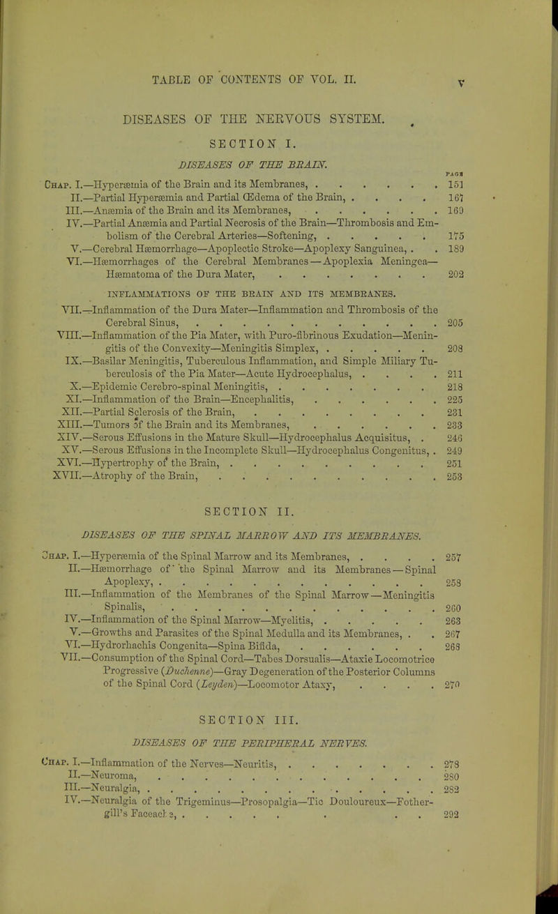 v DISEASES OF THE NERVOUS SYSTEM. SECTION I. DISEASES OF THE BRAIN. VAOt Chap. L—Hyperemia of the Brain and its Membranes, 151 II.—Partial Hyperasmia and Partial CEdema of the Brain, . . . . 16** III. —Ana;mia of the Brain and its Membranes, 169 IV. —Partial Antemia and Partial Necrosis of the Brain—Thrombosis and Em- bolism of the Cerebral Arteries—Softening, 175 V.—Cerebral Haemorrhage—Apoplectic Stroke—Apoplexy Sanguinea, . . 189 VI.—Hemorrhages of the Cerebral Membranes — Apoplexia Meningea— Hsematoma of the Dura Mater, . 202 INFLAMMATIONS OF THE BKAIN AND ITS MEMBKANES. VII.—Inflammation of the Dura Mater—Inflammation and Thrombosis of the Cerebral Sinus, . 205 VIII.—Inflammation of the Pia Mater, with Puro-fibrinous Exudation—Menin- gitis of the Convexity—Meningitis Simplex, 208 IX.—Basilar Meningitis, Tuberculous Inflammation, and Simple Miliary Tu- berculosis of the Pia Mater—Acute Hydrocephalus, .... 211 X.—Epidemic Cerebro-spinal Meningitis, 218 XI.—Inflammation of the Brain—Encephalitis, 225 XII.—Partial Sclerosis of the Brain, 231 XIII. —Tumors of the Brain and its Membranes, 233 XIV. —Serous Effusions in the Mature Skull—Hydrocephalus Acquisitus, . 24(3 XV.—Serous Effusions in the Incomplete Skull—Hydrocephalus Congenitus, . 249 XVI.—Hypertrophy of* the Brain, 251 XVH.—Atrophy of the Brain, .' 253 SECTION II. DISEASES OF THE SPINAL MARROW AND ITS MEMBRANES. Chap. I.—Hyperasmia of the Spinal Marrow and its Membranes, .... 257 H.—Haemorrhage of' the Spinal Marrow and its Membranes — Spinal Apoplexy, 258 III. —Inflammation of the Membranes of the Spinal Marrow—Meningitis Spinalis, ' . ' . . . 2G0 IV. —Inflammation of the Spinal Marrow—Myelitis, . . . . 263 V. —Growths and Parasites of the Spinal Medulla and its Membranes, . . 267 VI.—Hydrorhachis Congenita—Spina Bifida, 263 VII.—Consumption of the Spinal Cord—Tabes Dorsualis—Ataxie Locomotrico Progressive {Duchenne)—Gray Degeneration of the Posterior Columns of the Spinal Cord (Leyden)—Locomotor Ataxy, . . . .27« SECTION III. DISEASES OF THE PERIPHERAL NERVES. CnAP. I.—Inflammation of the Nerves—Neuritis, .278 IL—Neuroma, . . . . . . . . . . . . 2S0 IH.—Neuralgia, ...... 2S2 IV.— Neuralgia of the Trigeminus—Prosopalgia—Tic Douloureux—Fother-