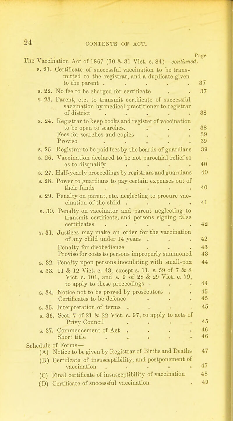 Page The Vaccination Act of 1867 (30 & 31 Vict. c. 84)— continued. s. 21. Certificate of successful vaccination to be trans- mitted to the registrar, and a duplicate given to the parent . . . . .37 s. 22. No fee to be charged for certificate . . 37 s. 23. Parent, etc. to transmit certificate of successful vaccination by medical practitioner to registrar of district . . . . .38 s. 24. Registrar to keep books and register of vaccination to be open to searches. . . .38 Fees for searches and copies . . .39 Proviso . . . . .39 s. 25. K egistrar to be paid fees by the boards of guardians 39 s. 26. Vaccination declared to be not parochial relief so as to disqualify . . . .40 s. 27. Half-yearly proceedings by registrars and guardians 40 s. 28. Power to guardians to pay certain expenses out of their funds . . . . .40 s. 29. Penalty on parent, etc. neglecting to procure vac- cination of the child . . . .41 s. 30. Penalty on vaccinator and parent neglecting to transmit certificate, and persons signing false certificates . . . . .42 s. 31. Justices may make an order for the vaccination of any child under 14 years . . .42 Penalty for disobedience . . .43 Proviso for costs to persons improperly summoned 43 s. 32. Penalty upon persons inoculating with small-pox 44 s. 33. 11 & 12 Vict. c. 43, except s. 11, s. 59 of 7 & 8 Vict. c. 101, and s. 9 of 28 & 29 Vict. c. 79, to apply to these proceedings . . .44 s. 34. Notice not to be proved by prosecutors . . 45 Certificates to be defence . • .45 s. 35. Interpretation of terms . . . .45 s. 36. Sect. 7 of 21 & 22 Vict. c. 97, to apply to acts of Privy Council . . • .45 s. 37. Commencement of Act . . . .46 Short title . . . . .46 Schedule of Forms— (A) Notice to be given by Registrar of Births and Deaths 47 (B) Certificate of insusceptibility, and postponement of vaccination . . . • .47 (C) Final certificate of insusceptibility of vaccination 48 (D) Certificate of successful vaccination . 49