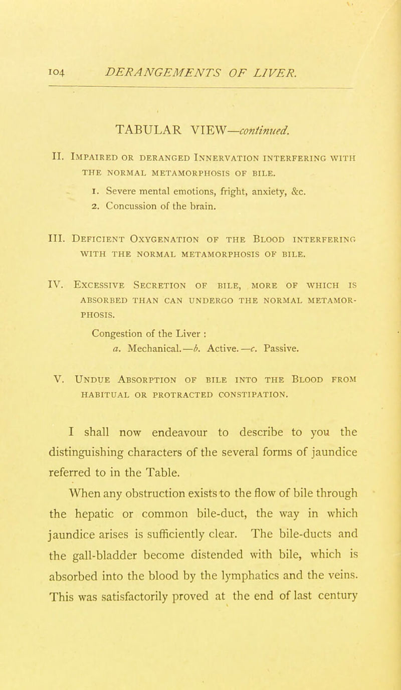 TABULAR VIEW—continued. II. Impaired or deranged Innervation interfering with THE NORMAL METAMORPHOSIS OF BILE. 1. Severe mental emotions, fright, anxiety, &c. 2. Concussion of the brain. III. Deficient Oxygenation of the Blood interfering with the normal metamorphosis of bile. IV. Excessive Secretion of bile, more of which is absorbed than can undergo the normal metamor- phosis. Congestion of the Liver : a. Mechanical.—b. Active.—c. Passive. V. Undue Absorption of bile into the Blood from habitual or protracted constipation. I shall now endeavour to describe to you the distinguishing characters of the several forms of jaundice referred to in the Table. When any obstruction exists to the flow of bile through the hepatic or common bile-duct, the way in which jaundice arises is sufficiently clear. The bile-ducts and the gall-bladder become distended with bile, which is absorbed into the blood by the lymphatics and the veins. This was satisfactorily proved at the end of last century