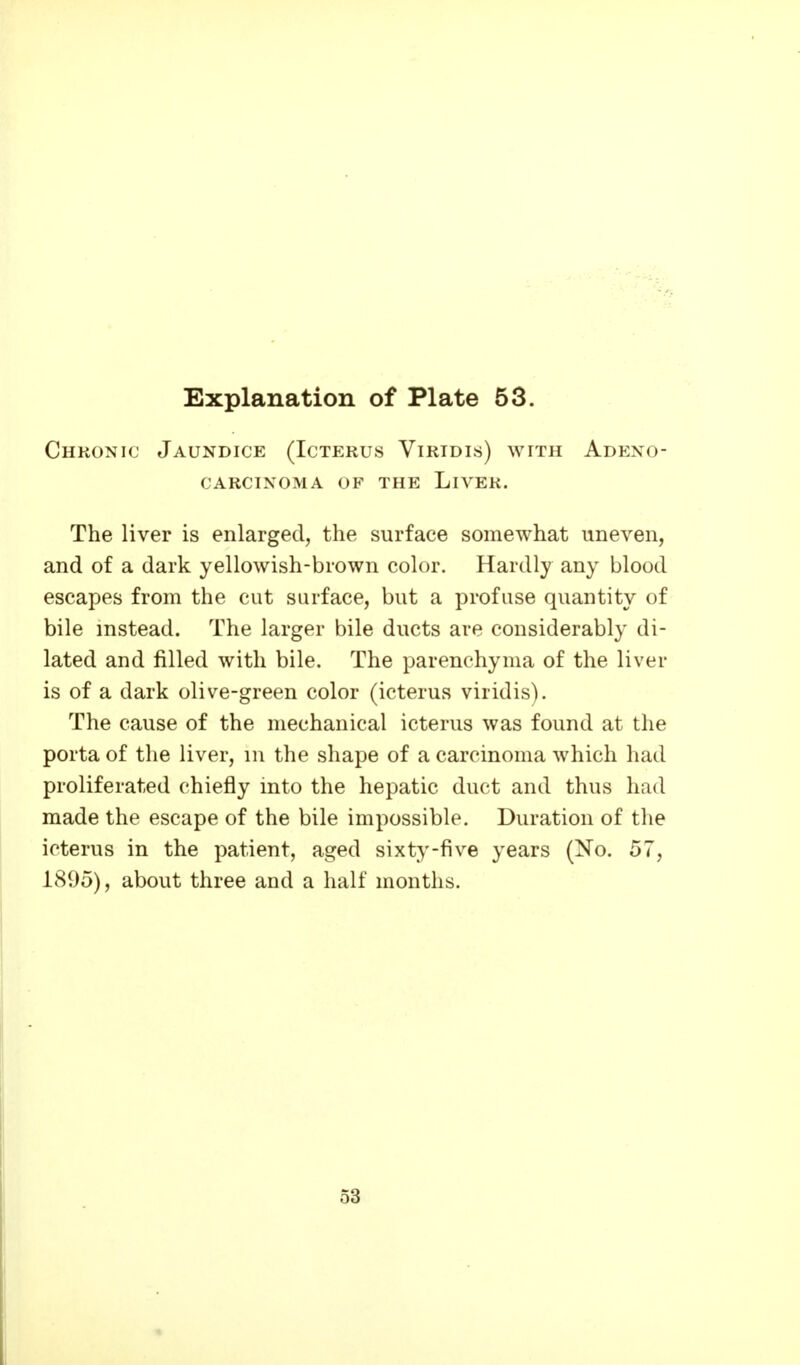 Chronic Jaundice (Icterus Viridis) with Adeno- carcinoma OF THE Liver. The liver is enlarged, the surface somewhat uneven, and of a dark yellowish-brown color. Hardly any blood escapes from the cut surface, but a profuse quantity of bile instead. The larger bile ducts are considerably di- lated and filled with bile. The parenchyma of the liver is of a dark olive-green color (icterus viridis). The cause of the mechanical icterus was found at the porta of the liver, m the shape of a carcinoma which had proliferated chiefly into the hepatic duct and thus had made the escape of the bile impossible. Duration of the icterus in the patient, aged sixty-five years (No. 57, 1895), about three and a half months. 53