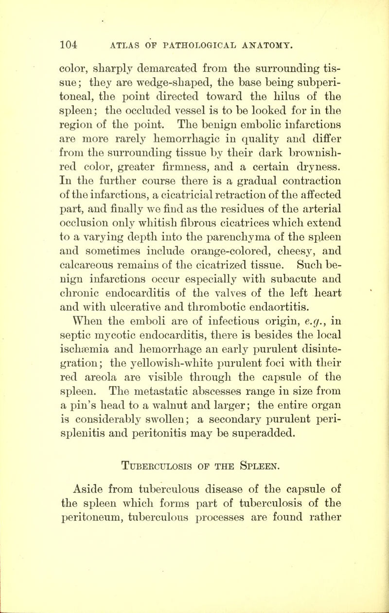 color, sharply demarcated from the surrounding tis- sue ; they are wedge-shaped, the base being subperi- toneal, the point directed toward the hilus of the spleen; the occluded vessel is to be looked for in the region of the point. The benign embolic infarctions are more rarely hemorrhagic in quality and differ from the surrounding tissue by their dark brownish- red color, greater firmness, and a certain dryness. In the further course there is a gradual contraction of the infarctions, a cicatricial retraction of the affected part, and finally we find as the residues of the arterial occlusion only whitish fibrous cicatrices which extend to a varying depth into the parenchyma of the spleen and sometimes include orange-colored, cheesy, and calcareous remains of the cicatrized tissue. Such be- nign infarctions occur especially with subacute and chronic endocarditis of the valves of the left heart and with ulcerative and thrombotic endaortitis. When the emboli are of infectious origin, e.g., in septic mycotic endocarditis, there is besides the local ischaemia and hemorrhage an early purulent disinte- gration ; the yellowish-white purulent foci with their red areola are visible through the capsule of the spleen. The metastatic abscesses range in size from a pin's head to a walnut and larger; the entire organ is considerably swollen; a secondary purulent peri- splenitis and peritonitis may be superadded. Tuberculosis of the Spleen. Aside from tuberculous disease of the capsule of the spleen which forms part of tuberculosis of the peritoneum, tuberculous processes are found rather