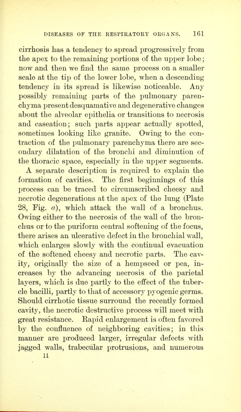 cirrhosis has a tendency to spread i^rogressively from the apex to the remaining portions of the upi^er lobe; now and then we find the same process on a smaller scale at the tip of the lower lobe, when a descending tendency in its spread is likewise noticeable. Any possibly remaining parts of the pulmonary paren- chyma present desquamative and degenerative changes about the alveolar epithelia or transitions to necrosis and caseation; such parts api^ear actually spotted, sometimes looking like granite. Owing to the con- traction of the pulmonary parenchyma there are sec- ondary dilatation of the bronchi and diminution of the thoracic space, especially in the upper segments. A separate description is required to explain the formation of cavities. The first beginnings of this process can be traced to circumscribed cheesy and necrotic degenerations at the apex of the lung (Plate 28, Fig. a), which attack the wall of a bronchus. Owing either to the necrosis of the wall of the bron- chus or to the puriform central softening of the focus, there arises an ulcerative defect in the bronchial wall, which enlarges slowly with the continual evacuation of the softened cheesy and necrotic parts. The cav- ity, originally the size of a hempseed or pea, in- creases by the advancing necrosis of the parietal layers, which is due partly to the effect of the tuber- cle bacilli, partly to that of accessory pyogenic germs. Should cirrhotic tissue surround the recently formed cavity, the necrotic destructive process will meet with great resistance. Eapid enlargement is often favored by the confluence of neighboring cavities; in tins manner are produced larger, irregular defects with jagged walls, trabecular protrusions, and numerous U