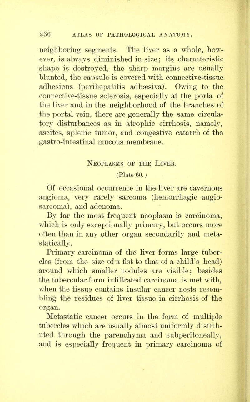 neighboring segments. The liver as a whole, how- ever, is always diminished in size; its characteristic shape is destroyed, the sharp margins are usually blunted, the capsule is covered with connective-tissue adhesions (perihepatitis adhaesiva). Owing to the connective-tissue sclerosis, especially at the porta of the liver and in the neighborhood of the branches of the i)ortal vein, there are generally the same circula- tory disturbances as in atrophic cirrhosis, namely, ascites, splenic tumor, and congestive catarrh of the gastro-intestinal mucous membrane. Neoplasms of the Livee. (Plate 60.) Of occasional occurrence in the liver are cavernous angioma, very rarely sarcoma (hemorrhagic angio- sarcoma), and adenoma. By far the most frequent neoplasm is carcinoma, which is only exceptionally primary, but occurs more often than in any other organ secondarily and meta- statically. Primary carcinoma of the liver forms large tuber- cles (from the size of a fist to that of a child's head) around which smaller nodules are visible; besides the tubercular form infiltrated carcinoma is met with, when the tissue contains insular cancer nests resem- bling the residues of liver tissue in cirrhosis of the organ. Metastatic cancer occurs in the form of multiple tubercles which are usually almost uniformly distrib- uted through the parenchyma and subperitoneally, and is especially frequent in primary carcinoma of