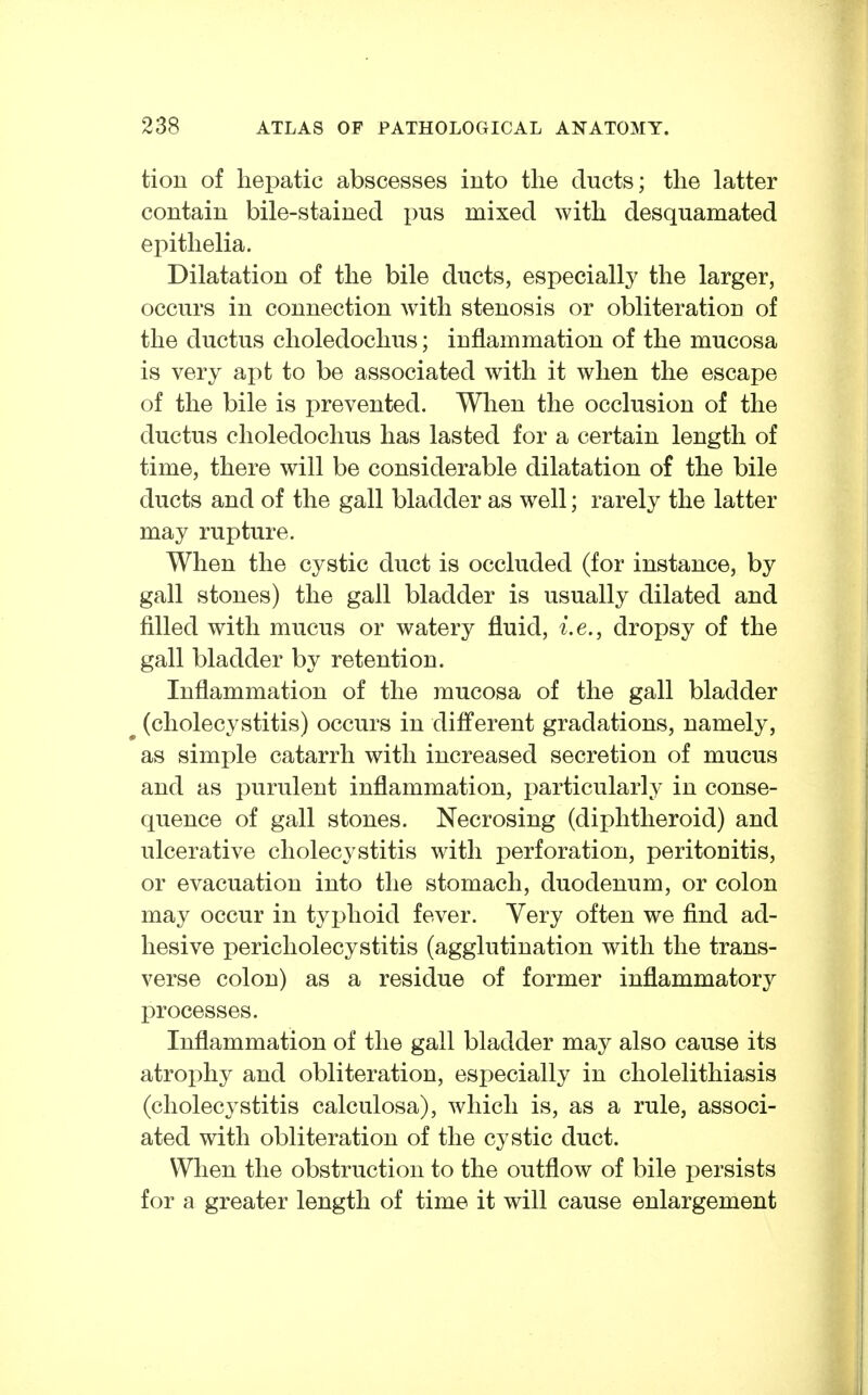 tion of hepatic abscesses into the ducts; the latter contain bile-stained pus mixed with desquamated epithelia. Dilatation of the bile ducts, especially the larger, occurs in connection with stenosis or obliteration of the ductus choledochus; inflammation of the mucosa is very apt to be associated with it when the escape of the bile is prevented. When the occlusion of the ductus choledochus has lasted for a certain length of time, there will be considerable dilatation of the bile ducts and of the gall bladder as well; rarely the latter may rupture. When the cystic duct is occluded (for instance, by gall stones) the gall bladder is usually dilated and filled with mucus or watery fluid, i.e., dropsy of the gall bladder by retention. Inflammation of the mucosa of the gall bladder ^ (cholecystitis) occurs in different gradations, namely, as simple catarrh with increased secretion of mucus and as purulent inflammation, particularly in conse- quence of gall stones. Necrosing (diphtheroid) and ulcerative cholecystitis with perforation, peritonitis, or evacuation into the stomach, duodenum, or colon may occur in typhoid fever. Very often we find ad- hesive pericholecystitis (agglutination with the trans- verse colon) as a residue of former inflammatory processes. Inflammation of the gall bladder may also cause its atrophy and obliteration, especially in cholelithiasis (cholecystitis calculosa), which is, as a rule, associ- ated with obliteration of the cystic duct. When the obstruction to the outflow of bile persists for a greater length of time it will cause enlargement