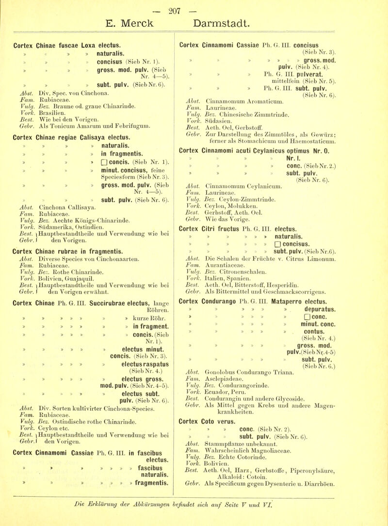 E. Merck Darmstadt. Cortex Chinae fuscae Loxa electus. > > > naturalis. concisus (Sieb Nr. 1). » » » ■■> gross, mod. pulv. (Sieb Nr. 4—5). » » » » subt. pulv. (SiebNr.6). Abst. Div. Spec. von Cincbona. Farn. Kubiaceae. Vulg. Bez. Braune od. graue Chinarinde. Vork. Brasilien. Best. Wie bei den Vorigen. Oebr. Als Tonicum Amarum und Febrifugum. Cortex Chinae regiae Calisaya electus. » » » >' naturalis. » » » » in fragmentis. » » » » □concis. (Sieb Nr. 1). » » » » minut. concisus, feine Spi-eicsfunn (SiebNr.3). » > » > gross, mod. pulv. (Sieb Nr. 4—5). subt. pulv. (Sieb Nr. 6). Abst. Farn. Vulg. Vork. Best. Gebr. Cortex Abst. Farn. Vulg. Vork. Best. Gebr. riptb den Cinchona Callisaya. Kubiaceae. Bez. Aechte Königs-Chinarinde. Südamerika, Ostindien. 1 Hauptbestandtheile und Verwendung wie bei i den Vorigen. Chinae rubrae in fragmentis. Diverse Speeles von Cinchonaarten. Kubiaceae. Bez. Rothe Chinarinde. Bolivien, Guajaquil. bestandtbeile und Verwendung wie bei den Vorigen erwähnt. Cortex Chinae Ph. G. III. Succirubrae electus, lange Röluen. » » » » » » » kurze Kohr. » » » » » » » in fragment. » » » » » » » concis. (Sieb Nr.l). » » » » » » electus minut. concis. (Sieb Nr. 3). » » » » » » electus raspatus (Sieb Nr. 4.) » » » » » » electus gross. mod. pulv. (Sieb Nr.4-5). » » > > » > electus subt. pulv. (Sieb Nr. 6). Div. Sorten kultivirter Cinchona-Species. Kubiaceae. Bez. Ostiudische rothe Chinarinde. Ceylon etc. 1 Hauptbestandtheile und Verwendung wie bei igen. Cortex Cinnamomi Cassiae Ph. G. III. in fascibus electus. » » » » » » » fascibus naturalis. » 3 » » » » » fragmentis. Abst. Farn. Vulg. Vork. Best. Gebr. Cortex Cinnamomi Cassiae Ph. G. III. concisus (Sieb Nr. 3). > ' » » » gross, mod. pulv. (Sieb Nr. 4). Ph. G. III. pulverat. mittelfeiu (Sieb Nr. 5). Ph. G.III, subt. pulv. (Sieb Nr. 6). Abst. Cinnamomum Aromaticum. Farn. Laurineae. Vulg. Bez. Chinesische Zimmtrinde. Vork. Südasien. Best. Aeth. Oel, Gerbstoff. Gebr. Zur Darstellung des Zimmtöles , als Gewüi-z; ferner als Stomachicum und Haemostaticum. Cortex Cinnamomi acuti Ceylanicus optimus Nr. 0. Nr.l. conc. (SiebNr.2.) » » » subt. pulv. (Sieb Nr. 6). Abst. Farn. Vulg. Vork. Best. Gebr. Cortex Abst. Farn. Vulg. Vork Best. Gebr. Cortex Abst. Farn. Vulg. Vork Best. Gebr. Cortex Abst. Farn. Vulg. Vork. Best. Gebr. Cinnamomum Ceylanicum. Laurineae. Bez. Ceylon-Zimmtrinde. Ceylon, Molukken. Gerbstoff, Aeth. Oel. Wie das Vorige. Citri fructus Ph. G. III. electus. » » » » » naturalis. » » » > » □ concisus. » » » * subt. pulv. (Sieb Nr.6). Die Schalen der Früchte v. Citrus Limonum. Aurantiaceae. Bez. Citrouenschalen. Italien, Spanien. Aeth. Oel, Bitterstoff, Hesperidin. Als Bittermittel und Geschmackscorrigens. Condurango Ph. G. III. Mataperro electus. » » » » depuratus. » » » » □conc. » » » » » minut. conc. » » » » » contus. (Sieb Nr. 4.) » » » » gross, mod. pul v.( Sieb Nr.4-5) » » » subt. pulv. (Sieb Nr. Ü.) Gonolobus Condurango Triana. Asclepiadeae. Bez. Condurangorinde. Ecuador, Peru. Condurangin und andere Glycoside. Als Mittel gegen Krebs und andere Magen- krankheiten. Coto verus. ' conc. (Sieb Nr. 2). subt. pulv. (Sieb Nr. 6). Stamniptianze unbekamit. Wahrscheinlich Magnoliaceae. Bez. Echte Cotorinde. Bolivien. Aeth. Oel, Harz, Gerbstoffe, Piperonylsäure, Alkaloid: Cotoin. cum gegen Dysenterie u. Diarrhöen.