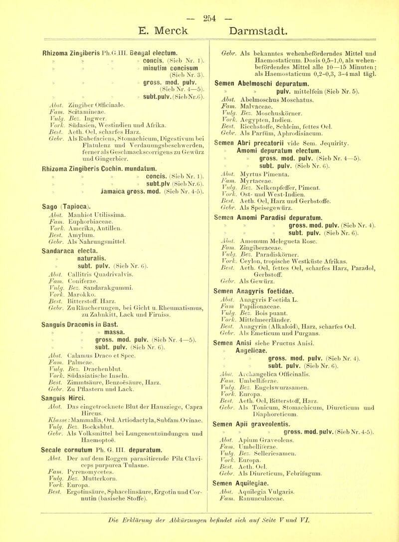 E. Merck Darmstadt. Rhizoma Zinyiberis G.III. Bengal electum. COncis. (Sieb Xr. 1). » > > minutim concisum (Si.l, Xr.ö). » » gross, mod. pulv. (Sieb Nr. 4—5). Subt.pulv.(SiebNr.t5). Abut. Ziiigiber Officinale. Farn. Soitamineae. Vulg. Bez. Ingwer. Vorh. Südasien, Westindien und Afrika. Best. Aeth. O,.]. sclmrf. s Harz. Gebr. AlsRubi r.ii ii II ,, Siumachicum, Digestivum bei Flatuli ii/ uiiil Verdauungsbescbwerden, ferni i als(iesrliniacksc<)rrigens zu Gewürz lind Gingerbier. Rhizoma Zingiberis Cochin. mundatum. » » COnciS. (Sieb Nr. 1). » SUbt.plv (SiebNr.6). > Jamaica gross, mod. (Sieb Nr. 4-5). Sago (Tapioca). Ahnt. Manbiot Utilissima. Favi. Euphorbiaceae. Vörie. Amerika, Antillen. Best. Amylum. Gebr. Als Nahrungsmittel. Sandaraca electa. naturalis. subt. pulv. (Sieb Nr. 6). ÄlM. Callitris Quadrivalvis. Farn. Couiferae. Vtdg. Bez. Sandarakgummi. Vorh. Marokko. Best. Bitterstoff, Harz. Gebr. Zu Räucherungen, bei Gicht u.Eheumatismus, zu Zahnkitt, Lack und Firniss. Sanguis Draconis in Bast. massa. gross, mod. pulv. (Sieb Nr. 4—5). subt. pulv. (Sieb Nr. 6). Abst. Calamus Draco et Spec. Farn. Palmeae. Vulg. Bez. Drachenblut. Vork. Südasiatisehe Inseln. Best. Zimmtsäure, Benzoesäure, Harz. Gebr. Zu Pflastern und Lack. Sanguis Hirci. Abst. Das emgetrocknete Blut der Hausziege, Capra Hircus. Ä7össe;Mammalia, Ord. Artiodactyla,Subfam.Ovinae. Vulg. Bez. Booksblut. Gebr. Als Voiksmittel bei Lungenentzündungen und Haemoptoe. Secale cornutum Ph. G. III. depuratum. Abftt. Der auf dem Eoggen parasitirende Pilz Clavi- ceps purpurea Tulasne. Farn. Pyreiiomycetes. Vulg. Bez. Mutterkorn. Vork. Europa. Best. Ergotinsäure, Sphacelinsäure, Ergotin und Cor- nutin (basische Stoffe). Gebr. Als bekanntes wehenbefördemdes Mittel und Haemostaticum. Dosis 0,5-1,0, als wehen- befördeiules Mittel alle 10—15 Minuten; alsU,'ioni..statlcura 0,2-0,.3, 3-4mal tägl. Semen Abelmoschi depuratum. » » pulv. mittelfein (Sieb Nr. 5). Abst. Abelmoschus Moschatus. Farn. Malvaceae. Vulg. Bez. Moschuskörner. Vork. Aegypten, Indien. Be.ft. Riechstoffe, Schleim, fettes Oel. Gebr. Als Parfüm, Aphrodisiacum. Semen Abri precatorii vide Sem. Jequirity. Amomi depuratum electum. gross, mod. pulv. (Sieb Nr. 4—5). subt. pulv. (Sieb Nr. G). Abst. Myrtus Pimenta. Farn. Myrtaceae. Vulg. Bez. Nelkenpfeffer, Piment. Vork. Ost- und West-Indien. Best. Aeth. Oel, Harz und Gerbstoffe. Gebr. Als Speisegewürz. Semen Amomi Paradisi depuratum. gross, mod. pulv. (Sieb Nr. 4). subt. pulv. (Sieb Nr. 6). Ab.-ii. Aniomum Melegueta Rose. Farn. Zingiberaceae. Vulg. Bez. Paradiskörner. Vork. Ceylon, tropische Westküste Afrikas. Best. Aeth. Oel, fettes Oel, scharfes Harz, Paradol, Gerbstoff. Gebr. Als Gewürz. Semen Anagyris foetidae. Abst. Anagyris Foctida L. Farn Papilionaceae. Vulg. Bez. Bois puant. Vork. Mittelmeerländer. Best. Anagyrin (Alkaloid), Harz, scharfes Oel. Gebr. Als Emeticum und Purgans. Semen Anisi siehe Fructus Anisi. Angeiicae. gross, mod. pulv. (Sieb Nr. 4). subt. pulv. (Sieb Nr. 6). AbsL Aichangelica Officinalis. Farn. Unibelliforae. Vulg. Bez. Engelswurzsamen. Vork. Europa. Best. Aeth. Oel, Bitterstoff, Harz. Gebr. Als Tonicum, Stomachicnm, Diureticum und Diaiilioreticum. Semen Apii graveolentis. gross, mod. pulv. (SiebNr. 4-5). Abst. Apium Graveolens. Farn. Umbellil'erae. Vulg. Bez. Selleriesamen. Vork. Europa. Best. Aeth. Oel. Gebr. Als Diureticum, Fobrifugum. Semen Aquilegiae. Absl. Aquilegia Vulgaris. Farn. Ranunculaceae.