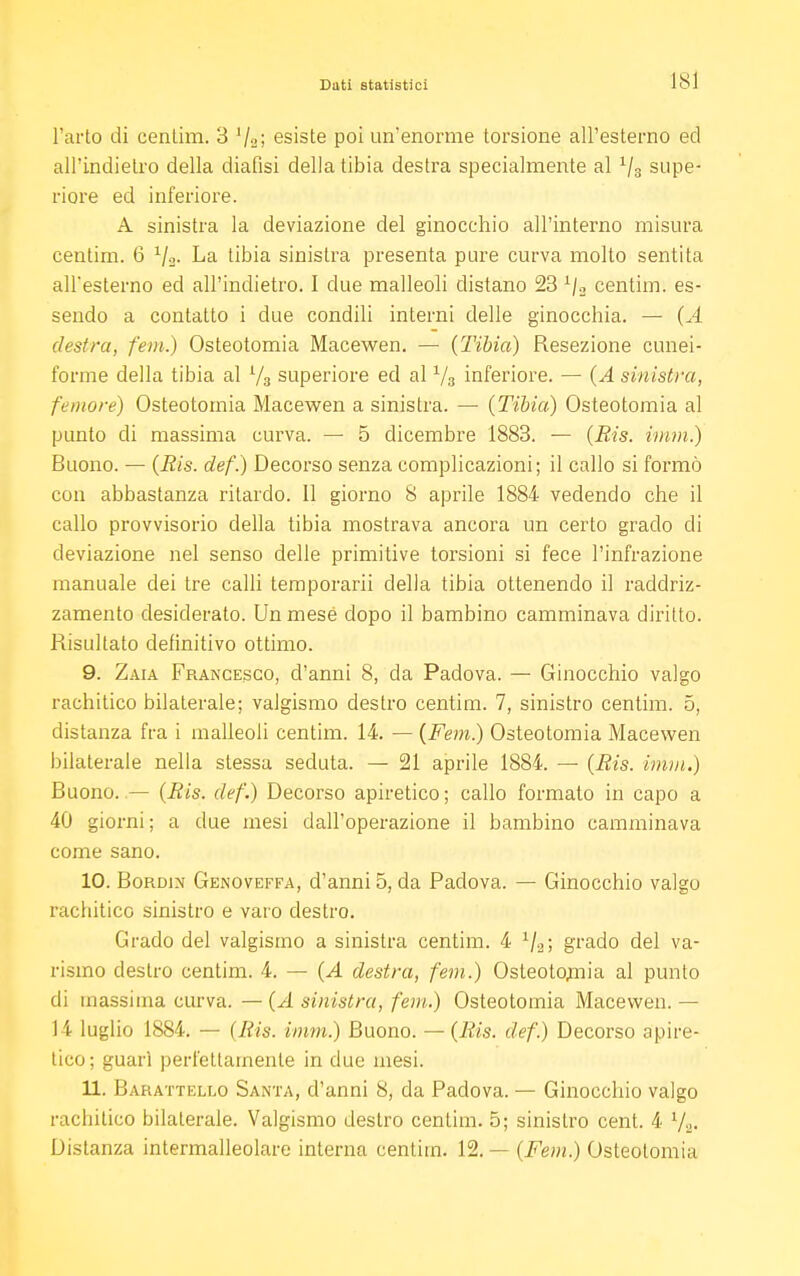 l'arto di centim. 3 Va! esiste poi un'enorme torsione all'esterno ed all'indietro della diafisi della tibia destra specialmente al 1IS supe- riore ed inferiore. A sinistra la deviazione del ginocchio all'interno misura centim. 6 1I2. La tibia sinistra presenta pure curva molto sentita all'esterno ed all'indietro. I due malleoli distano 23 */s centim. es- sendo a contatto i due condili interni delle ginocchia. — (A destra, few.) Osteotomia Macewen. — {Tibia) Resezione cunei- forme della tibia al Va superiore ed al V3 inferiore. — (A sinistra, femore) Osteotomia Macewen a sinistra. — (Tibia) Osteotomia al punto di massima curva. — 5 dicembre 1883. — (Bis. imm.) Buono. — (Bis. def.) Decorso senza complicazioni; il callo si formò con abbastanza ritardo. Il giorno 8 aprile 1884 vedendo che il callo provvisorio della tibia mostrava ancora un certo grado di deviazione nel senso delle primitive torsioni si fece l'infrazione manuale dei tre calli temporarii della tibia ottenendo il raddriz- zamento desiderato. Un mese dopo il bambino camminava diritto. Risultato definitivo ottimo. 9. Zaia Francesco, d'anni 8, da Padova. — Ginocchio valgo rachitico bilaterale; valgismo destro centim. 7, sinistro centim. 5, distanza fra i malleoli centim. 14. — (Fem.) Osteotomia Macewen bilaterale nella stessa seduta. — 21 aprile 1884. — (Ris. imm.) Buono. — (Ris. def.) Decorso apiretico; callo formato in capo a 40 giorni; a due mesi dall'operazione il bambino camminava come sano. 10. Bordo Genoveffa, d'anni 5, da Padova. — Ginocchio valgo rachitico sinistro e varo destro. Grado del valgismo a sinistra centim. 4 grado del va- rismo destro centim. 4. — (A destra, fem.) Osteotomia al punto di massima curva. —(A sinistra, fem.) Osteotomia Macewen.— 14 luglio 1884. — (Ris. imm.) Buono. — (Ris. def.) Decorso apire- tico; guarì perfettamente in due mesi. 11. Barattello Santa, d'anni 8, da Padova. — Ginocchio valgo rachitico bilaterale. Valgismo destro centim. 5; sinistro cent. 4 Va- Distanza intermalleolare interna centim. 12. — (Fem.) Osteotomia