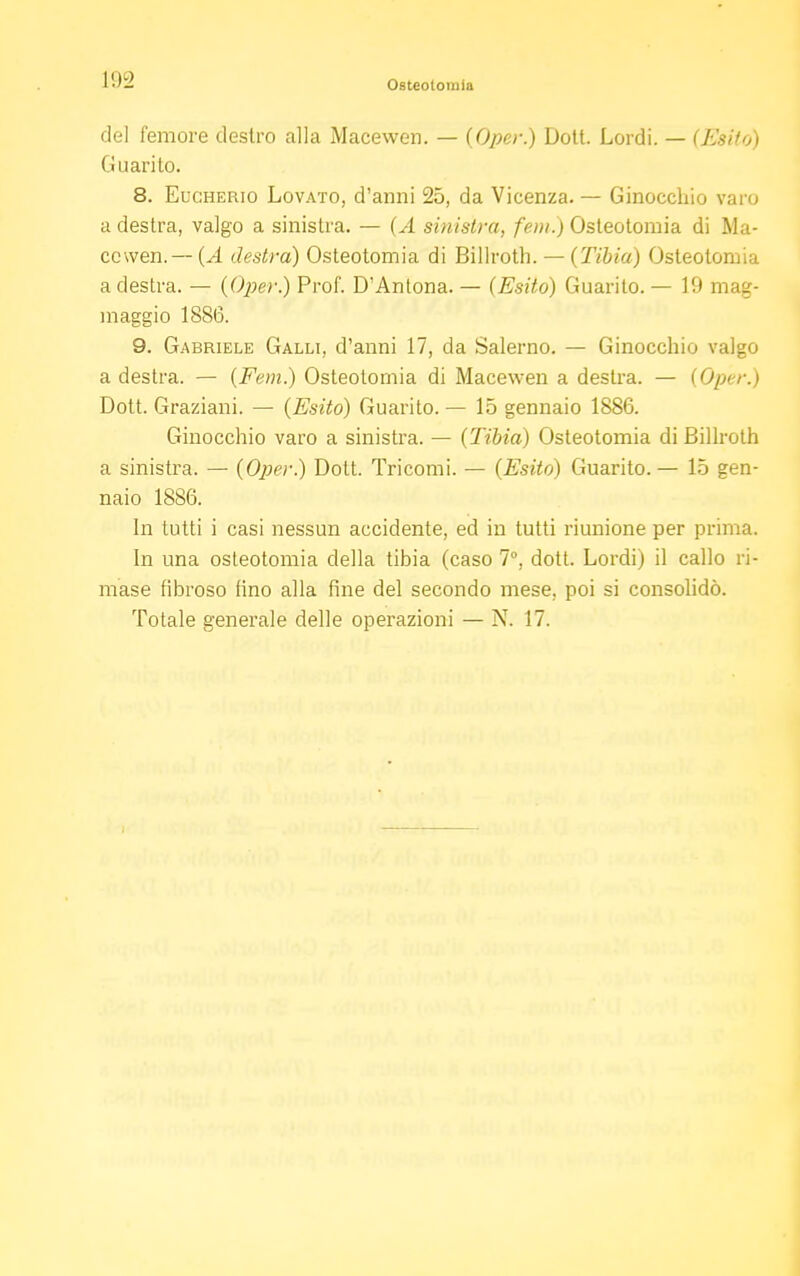 del femore destro alla Macewen. — (Oper.) Dott. Lordi. — {Esito) Guarito. 8. Eucherio Lovato, d'anni 25, da Vicenza. — Ginocchio varo a destra, valgo a sinistra. — (A sinistra, fem.) Osteotomia di Ma- cewen.— (A destra) Osteotomia di Billroth. — {Tibia) Osteotomia a destra. — {Oper.) Prof. D'Antona. — {Esito) Guarito. — 19 mag- maggio 1886. 9. Gabriele Galli, d'anni 17, da Salerno. — Ginocchio valgo a destra. — {Fem.) Osteotomia di Macewen a destra. — {Oper.) Dott. Oraziani. — {Esito) Guarito. — 15 gennaio 188G. Ginocchio varo a sinistra. — {Tibia) Osteotomia di Billroth a sinistra. — {Oper.) Dott. Tricomi. — {Esito) Guarito.— 15 gen- naio 1886. In tutti i casi nessun accidente, ed in tutti riunione per prima. In una osteotomia della tibia (caso 7°, dott. Lordi) il callo ri- mase fibroso fino alla fine del secondo mese, poi si consolidò. Totale generale delle operazioni — N. 17.