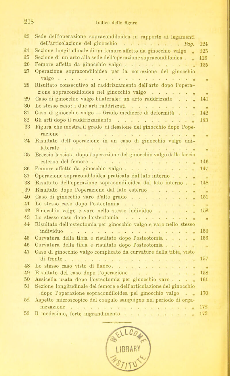 Indice delle figure 23 Sede dell'operazione sopracondiloidea in rapporto ai legamenti dell'articolazione del ginocchio Pag. 121 24 Sezione longitudinale di un femore affetto da ginocchio valgo ,, 125 25 Sezione di un arto alla sede dell'operazione sopracondiloidea . ,, 126 26 Femore affetto da ginocchio valgo „ 135 27 Operazione sopracondiloidea per la correzione del ginocchio valgo „ 28 Risultato consecutivo al raddrizzamento dell'arto dopo l'opera- zione sopracondiloidea nel ginocchio valgo „ „ 29 Caso di ginocchio valgo bilaterale: un arto raddrizzato . . „ 141 30 Lo stesso caso : i due arti raddrizzati „ „ 31 Caso di ginocchio valgo — Grado mediocre di deformità . . „ 142 32 Gli arti dopo il raddrizzamento „ 143 33 Figura che mostra il grado di flessione del ginocchio dopo l'ope- razione „ „ 34 Risultato dell' operazione in un caso di ginocchio valgo uni- laterale „ „ 35 Breccia lasciata dopo l'operazione del ginocchio valgo dalla faccia esterna del femore „ 146 36 Femore affetto da ginocchio valgo „ 147 37 Operazione sopracondiloidea praticata dal lato interno . . . „ „ 38 Risultato dell'operazione sopracondiloidea dal lato interno . „ 148 .39 Risultato dopo l'operazione dal lato esterno „ '„ 40 Caso di ginocchio varo d'alto grado „ 151 41 Lo stesso caso dopo l'osteotomia „ „ 42 Ginocchio valgo e varo nello stesso individuo „ 152 43 Lo stesso caso dopo l'osteotomia „ „ 44 Risultato dell'osteotomia per ginocchio valgo e varo nello stesso individuo „ 153 45 Curvatura della tibia e risultato dopo l'osteotomia . . . . „ 156 46 Curvatura della tibia e risultato dopo l'osteotomia . . . . „ „ 47 Caso di ginocchio valgo complicato da curvature della tibia, visto di fronte „ 157 48 Lo stesso caso visto di fianco „ „ 49 Risultato del caso dopo l'operazione „ 158 50 Assicella usata dopo l'osteotomia per ginocchio varo . . . „ 161 51 Sezione longitudinale del femore e dell'articolazione del ginocchio dopo l'operazione sopracondiloidea pel ginocchio valgo . „ 170 52 Aspetto microscopico del coagulo sanguigno nel periodo di orga- nizzazione „ 172 53 II medesimo, forte ingrandimento „ 173 Imi