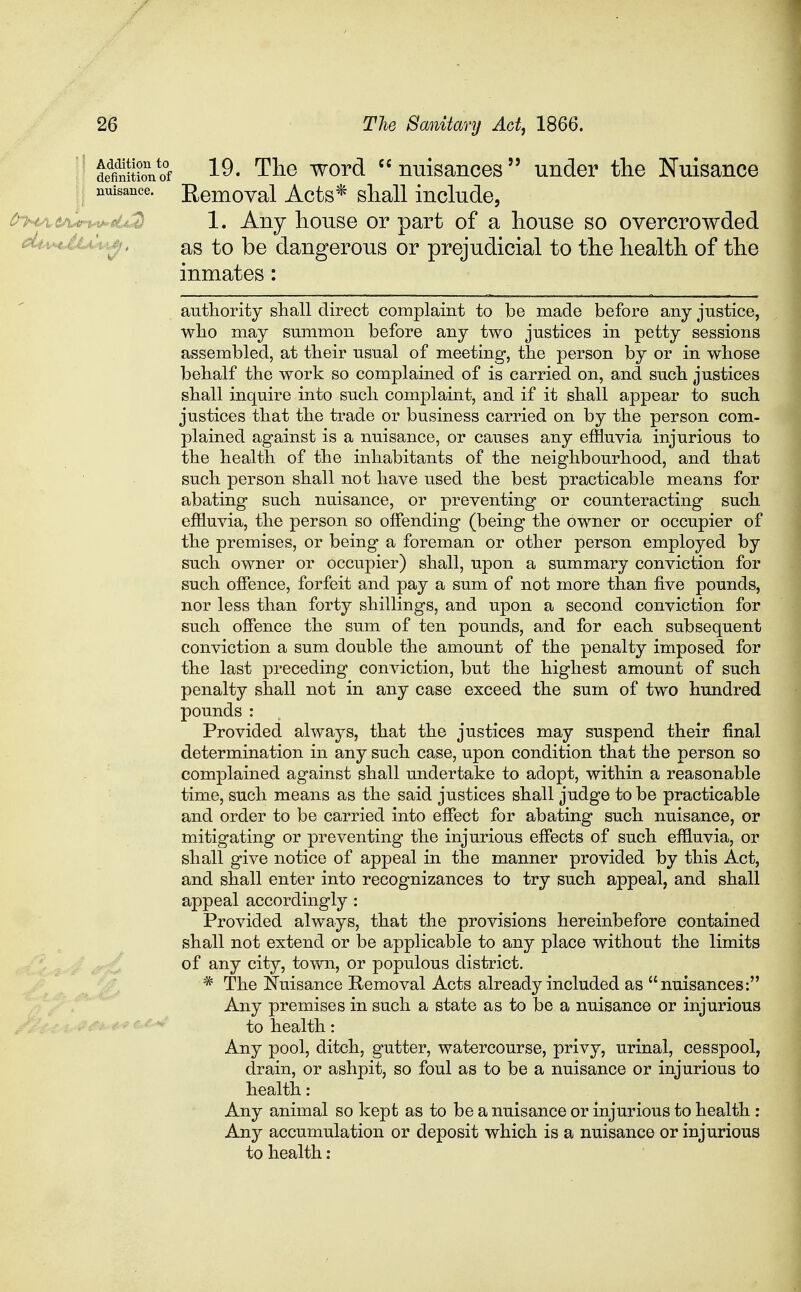 Stiono°f 19. The word nuisances under the Nuisance nuisance. Removal Acts* shall include, 1. Any house or part of a house so overcrowded as to be dangerous or prejudicial to the health of the inmates : authority shall direct complaint to be made before any justice, who may summon before any two justices in petty sessions assembled, at their usual of meeting, the person by or in whose behalf the work so complained of is carried on, and such justices shall inquire into such complaint, and if it shall appear to such justices that the trade or business carried on by the person com- plained against is a nuisance, or causes any effluvia injurious to the health of the inhabitants of the neighbourhood, and that such person shall not have used the best practicable means for abating such nuisance, or preventing or counteracting such effluvia, the person so offending (being the owner or occupier of the premises, or being a foreman or other person employed by such owner or occupier) shall, upon a summary conviction for such offence, forfeit and pay a sum of not more than five pounds, nor less than forty shillings, and upon a second conviction for such offence the sum of ten pounds, and for each subsequent conviction a sum double the amount of the penalty imposed for the last preceding conviction, but the highest amount of such penalty shall not in any case exceed the sum of two hundred pounds: Provided always, that the justices may suspend their final determination in any such case, upon condition that the person so complained against shall undertake to adopt, within a reasonable time, such means as the said justices shall judge to be practicable and order to be carried into effect for abating such nuisance, or mitigating or preventing the injurious effects of such effluvia, or shall give notice of appeal in the manner provided by this Act, and shall enter into recognizances to try such appeal, and shall appeal accordingly : Provided always, that the provisions hereinbefore contained shall not extend or be applicable to any place without the limits of any city, town, or populous district. * The Nuisance Removal Acts already included as nuisances: Any premises in such a state as to be a nuisance or injurious to health: Any pool, ditch, gutter, watercourse, privy, urinal, cesspool, drain, or ashpit, so foul as to be a nuisance or injurious to health: Any animal so kept as to be a nuisance or injurious to health : Any accumulation or deposit which is a nuisance or injurious to health: