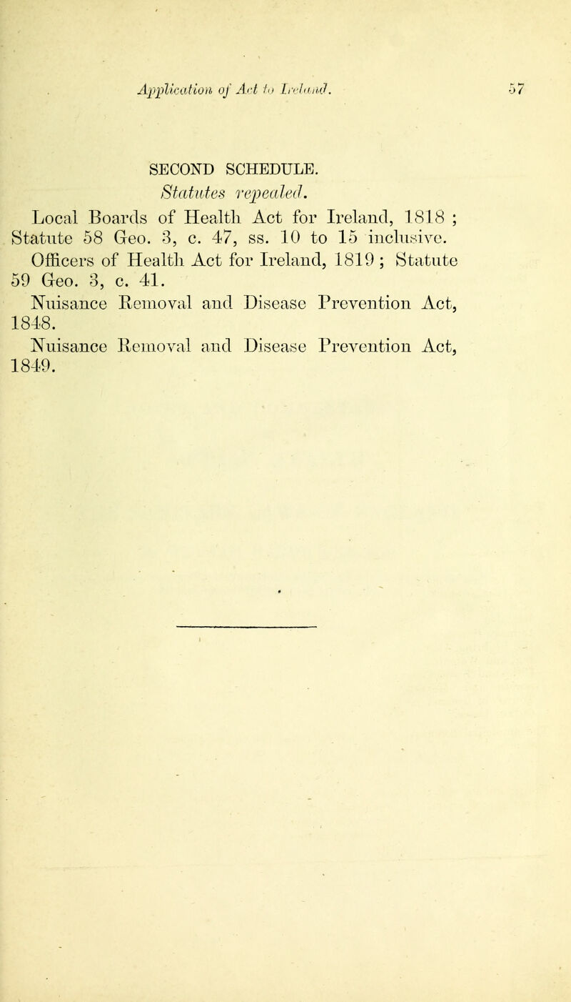 SECOND SCHEDULE. Statutes repealed. Local Boards of Health Act for Ireland, 1818 ; Statute 58 Geo. 3, c. 47, ss. 10 to 15 inclusive. Officers of Health Act for Ireland, 1819 ; Statute 59 Geo. 3, c. 41. Nuisance Removal and Disease Prevention Act, 1848. Nuisance Removal and Disease Prevention Act, 1849.