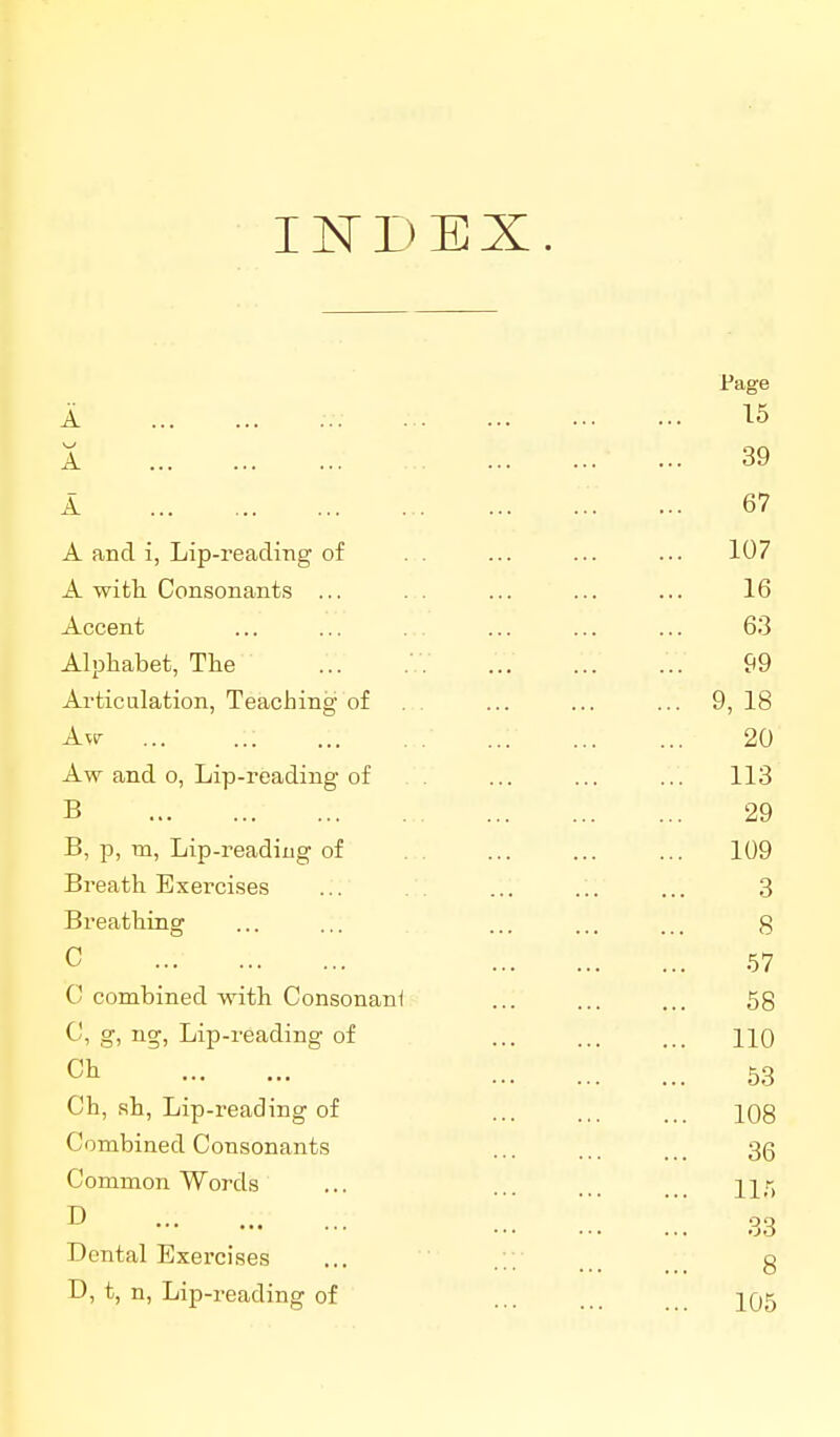 IKDEX. IT cLge A 15 A ii. ... • . • fJ*J A 67 A and i, Lip-reading of 107 A with Consonants ... 16 Accent 63 Alphabet, The 99 Articulation, Teaching of 9, 18 Aw 20 Aw and o, Lip-reading of 113 B 29 B, p, m, Lip-reading of 109 Breath Exercises 3 Breathing 8 C 57 C combined with Consonani 58 C, g, ng, Lip-reading of 110 Ch 53 Ch, .sh, Lip-reading of 108 Combined Consonants 36 Common Words iir) D 33 Dental Exei'cises ... .;; 8 D, t, n, Lip-reading of 105