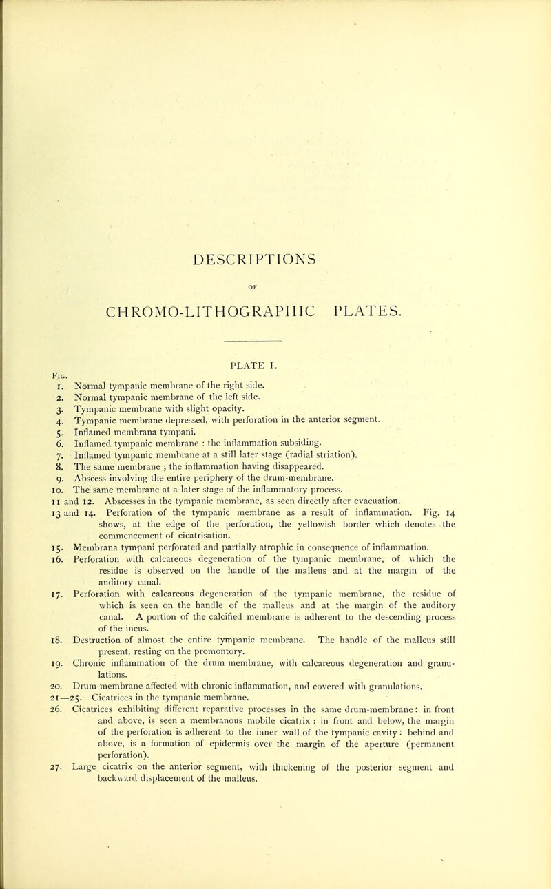 DESCRIPTIONS CHROMO-LITHOGRAPHIC PLATES. PLATE I. Fig. r. Normal tympanic membrane of the right side. 2. Normal tympanic membrane of the left side. 3. Tympanic membrane with slight opacity. 4. Tympanic membrane depressed, with perforation in the anterior segment. 5. Inflamed membrana tympani. 6. Inflamed tympanic membrane : the inflammation subsiding. 7. Inflamed tympanic membrane at a still later stage (radial striation). 8. The same membrane ; the inflammation having disappeared. 9. Abscess involving the entire periphery of the drum-membrane. 10. The same membrane at a later stage of the inflammatory process. 11 and 12. Abscesses in the tympanic membrane, as seen directly after evacuation. 13 and 14. Perforation of the tympanic membrane as a result of inflammation. Fig. 14 shows, at the edge of the perforation, the yellowish border which denotes . the commencement of cicatrisation. 15. Membrana tympani perforated and partially atrophic in consequence of inflammation. 16. Perforation with calcareous degeneration of the tympanic membrane, of which the residue is observed on the handle of the malleus and at the margin of the auditory canal. 17. Perforation with calcareous degeneration of the tympanic membrane, the residue of which is seen on the handle of the malleus and at the margin of the auditory canal. A portion of the calcified membrane is adherent to the descending process of the incus. 18. Destruction of almost the entire tympanic membrane. The handle of the malleus still present, resting on the promontory. 19. Chronic inflammation of the drum membrane, with calcareous degeneration and granu- lations. 20. Drum-membrane affected with chronic inflammation, and covered with granulations. 21—25. Cicatrices in the tympanic membrane. 26. Cicatrices exhibiting different reparative processes in the same drum-membrane: in front and above, is seen a membranous mobile cicatrix : in front and below, the margin of the perforation is adherent to the inner wall of the tympanic cavity : behind and above, is a formation of epidermis over the margin of the aperture (permanent perforation). 27. Large cicatrix on the anterior segment, with thickening of the posterior segment and backward displacement of the malleus.