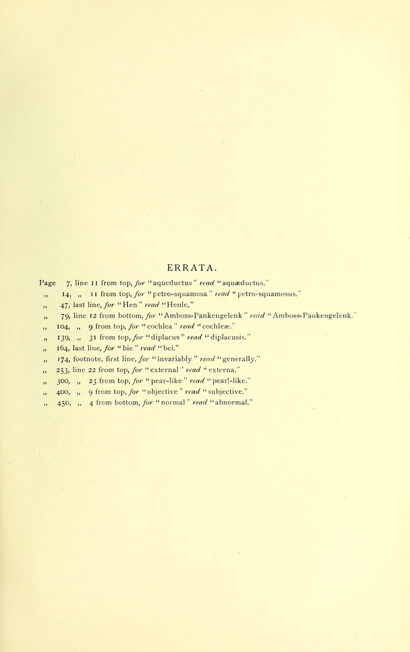 ERRATA. Page 7, line Ii from top, for aqueductus read aquaeductus.' 14, „ 11 from top, for  petro-squamosa' read  petro-squamosus. 47, last line, for Hen read Henle. „ 79, line 12 from bottom, for  Amboss-Pankengelenk  read  Amboss-Päukengelenk. ,, 104, ,, 9 from top, for cochlea read cochleae. »1 139, 31 from top,/or diplacus read diplacusis. „ 164, last line, for  bie  read bei. ,, 174, footnote, first line, for invariably  read generally. ,, 253, line 22 from top, for external read externa. ,, 300, ,, 23 from top, for  pear-like  read  pearl-like. ,, 400, ,, 9 from top, for  objective  read  subjective.