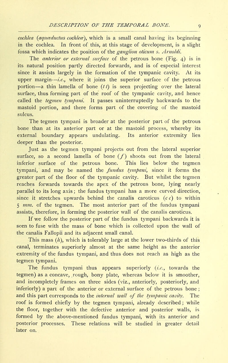 cochlea (aqiuvductus cochleae), which is a small canal having its beginning in the cochlea. In front of this, at this stage of development, is a slight fossa which indicates the position of the ganglion oticnm s. Arnold/. The anterior or external surface of the petrous bone (Fig. 4) is in its natural position partly directed forwards, and is of especial interest since it assists largely in the formation of the tympanic cavity. At its upper margin—i.e., where it joins the superior surface of the petrous portion—a thin lamella of bone (it) is seen projecting over the lateral surface, thus forming part of the roof of the tympanic cavity, and hence called the tegmen tympani. It passes uninterruptedly backwards to the mastoid portion, and there forms part of the covering of the mastoid sulcus. The tegmen tympani is broader at the posterior part of the petrous bone than at its anterior part or at the mastoid process, whereby its external boundary appears undulating. Its anterior extremity lies deeper than the posterior. Just as the tegmen tympani projects out from the lateral superior surface, so a second lamella of bone (/) shoots out from the lateral inferior surface of the petrous bone. This lies below the tegmen tympani, and may be named the fundus tympani, since it forms the greater part of the floor of the tympanic cavity. But whilst the tegmen reaches forwards towards the apex of the petrous bone, lying nearly parallel to its long axis; the fundus tympani has a more curved direction, since it stretches upwards behind the canalis caroticus (c c) to within 5 mm. of the tegmen. The most anterior part of the fundus tympani assists, therefore, in forming the posterior wall of the canalis caroticus. If we follow the posterior part of the fundus tympani backwards it is seen to fuse with the mass of bone which is collected upon the wall of the canalis Fallopii and its adjacent small canal. This mass (A), which is tolerably large at the lower two-thirds of this canal, terminates superiorly almost at the same height as the anterior extremity of the fundus tympani, and thus does not reach as high as the tegmen tympani. The fundus tympani thus appears superiorly (i.e., towards the tegmen) as a concave, .rough, bony plate, whereas below it is smoother, and incompletely frames on three sides (viz., anteriorly, posteriorly, and inferiorly) a part of the anterior or external surface of the petrous bone ; and this part corresponds to the internal wall of the tympanic cavity. The roof is formed chiefly by the tegmen tympani, already described; while the floor, together with the defective anterior and posterior walls, is formed by the above-mentioned fundus tympani, with its anterior and posterior processes. These relations will be studied in greater detail later on.